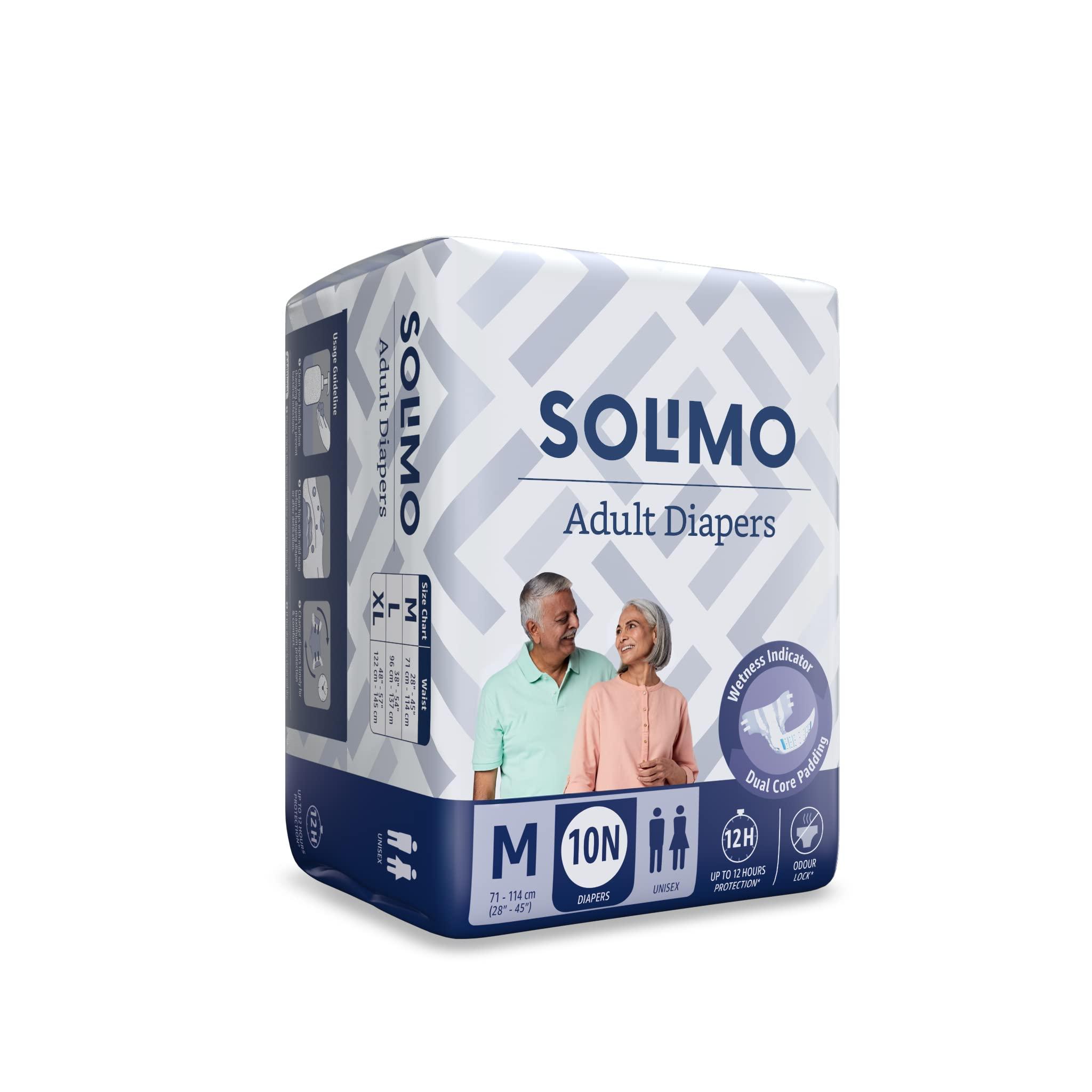 Amazon Brand - Solimo Amazon Brand - Solimo Adult Diapers Tape Style Medium (M) Size, 30 Count | 71-114 cm (28\'\' - 45\'\') | with Fast absorption, Leak Proof, Unisex