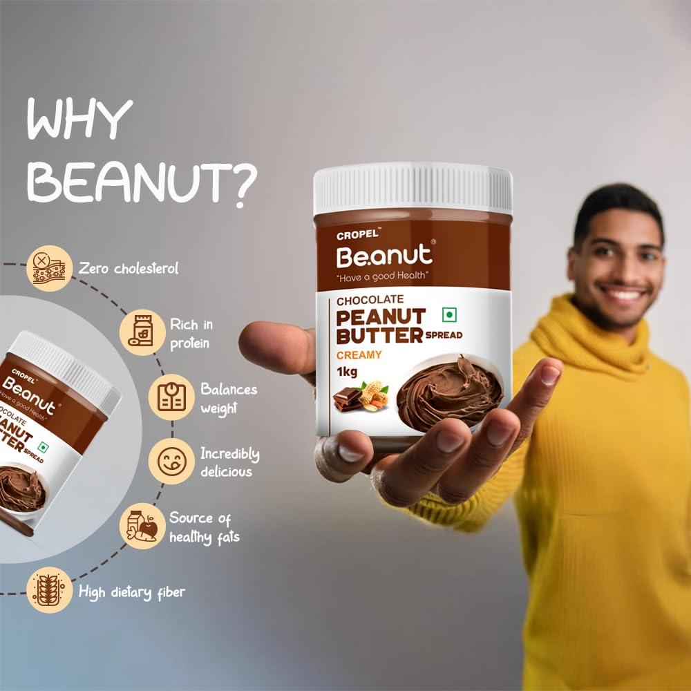 Beanut Beanut Chocolate Peanut Butter Creamy - 1kg | Classic Peanut Butter with Rich Fiber | Non-GMO, Gluten Free, Vegan & Cholesterol Free