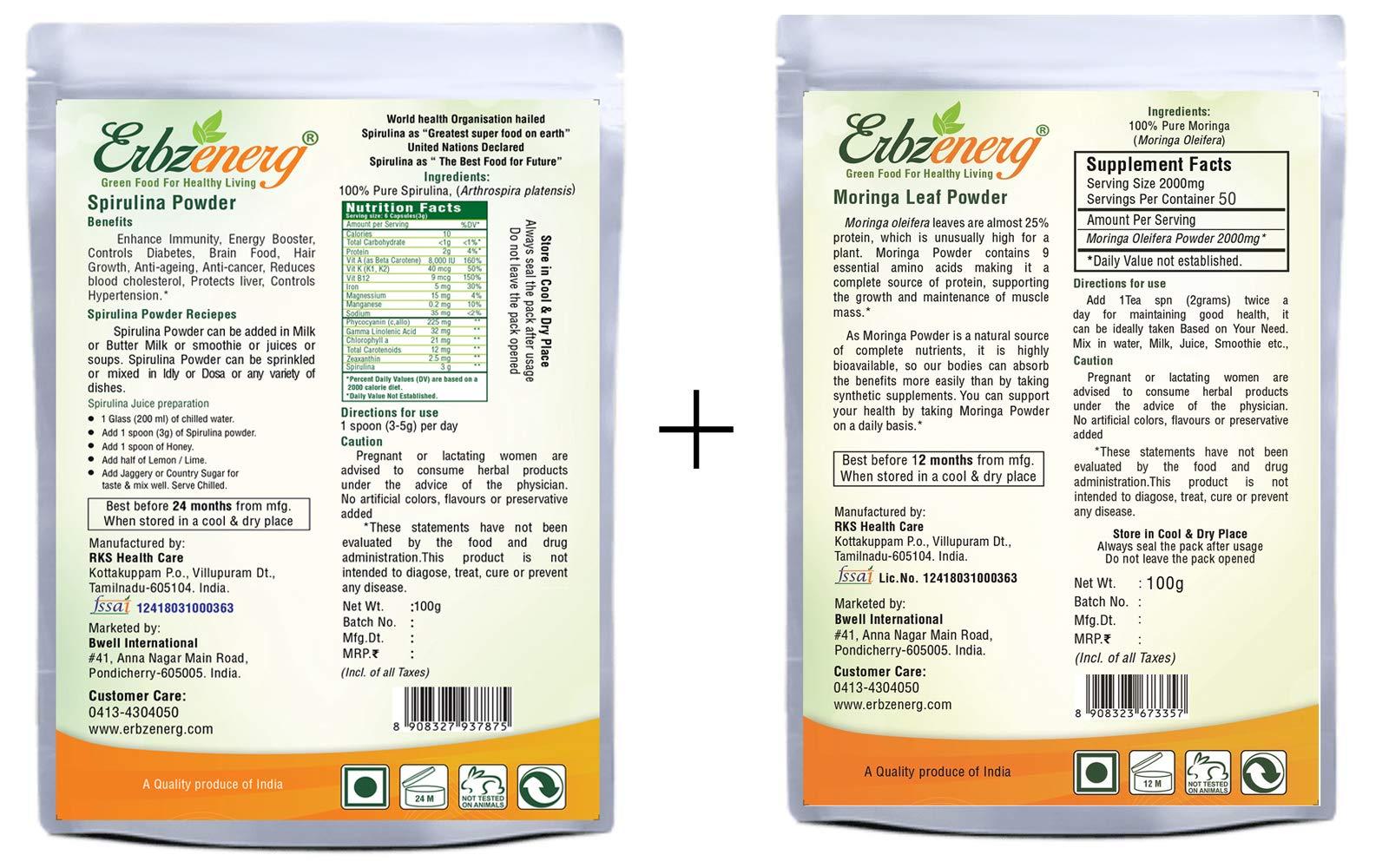 ERBZENERG ERBZENERG Organic Spirulina Powder 100g and Organic Pure Moringa Powder 100g | Pack Of 1