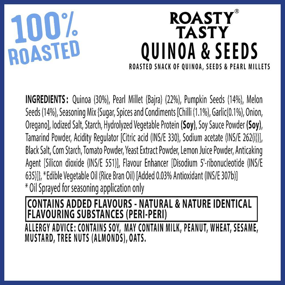 Roasty Tasty Roasty Tasty Quinoa & Seeds Peri Peri | Healthy Snacks | Roasted White Quinoa Puffs, Bajra & Seeds Mix | Rich in Protein for Adults & Kids | No Cholesterol, No Transfat | Diet Mixture | Peri Peri Masala | Gluten Free | Roasted Namkeen | 300g