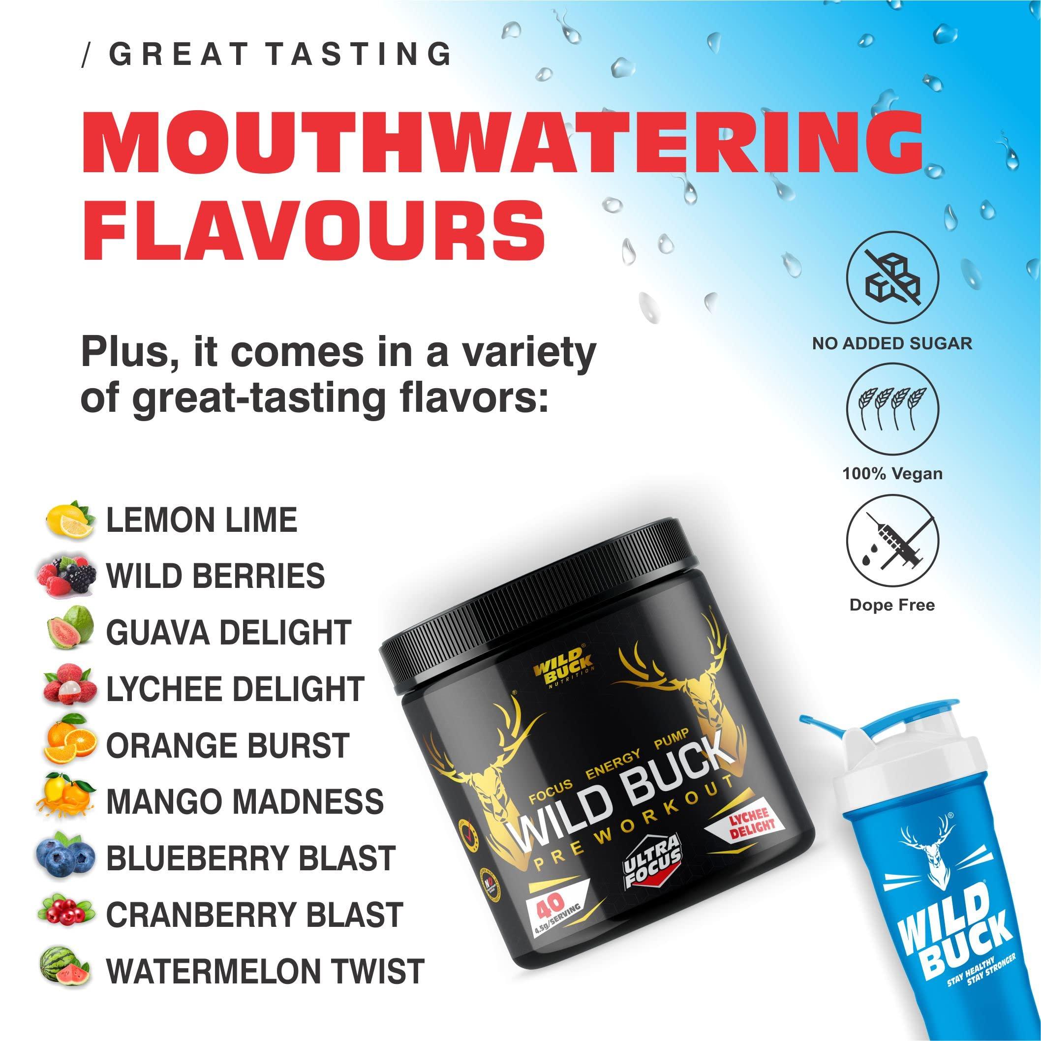 WILD BUCK WILD BUCK Ultra Focus Advanced Pre Workout with L-Arginine, L-Citrulline, Creatine, AAKG, Beta Alanine, Theanine & Natural Caffeine for Explosive Muscle Pump, Lean Muscles Building, Strength, Focus & Energy - For Men & Women [40 Servings, Lychee Deli