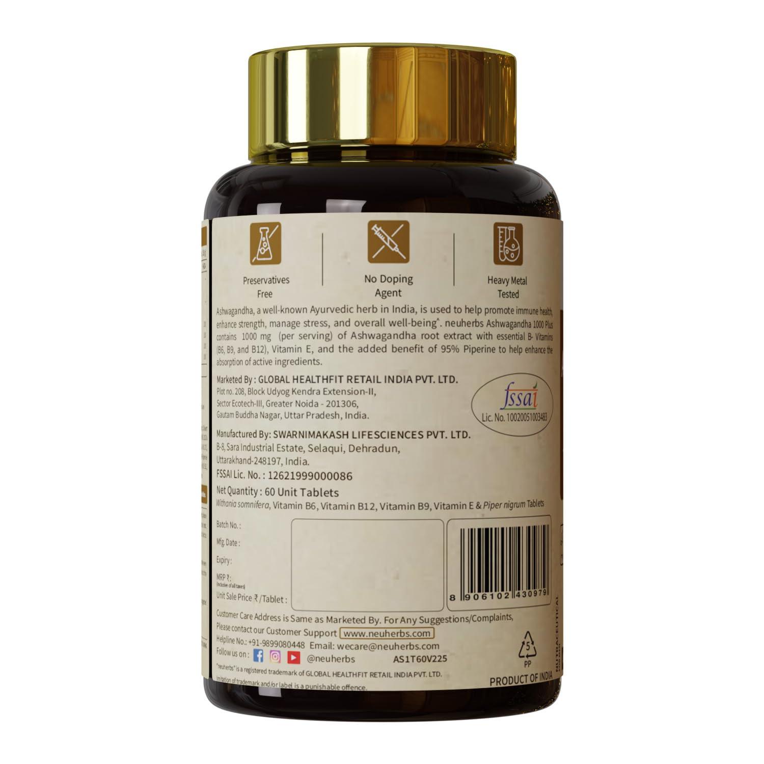 Neuherbs Neuherbs Ashwagandha 1000 Plus [Manage Anxiety & Stress Relief] Enhanced Absorption & Antioxidants Rich with vitamin E & B-complex for General wellness, Immunity Booster & Improve Vigour - 60 Tabs