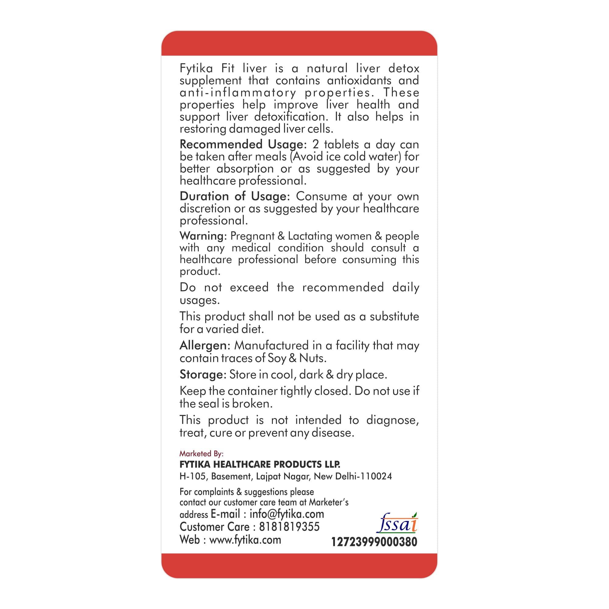 FYTIKA HEALTHCARE PRODUCTS FYTIKA HEALTHCARE PRODUCTS Fit Liver Detox Supplement with Milk Thistle (60 Tablets) | For Healthy and Strong Liver| Enriched with Milk Thistle, Kalmegh, Kutki, Curcumin, Bhuiamlaki and Probiotics