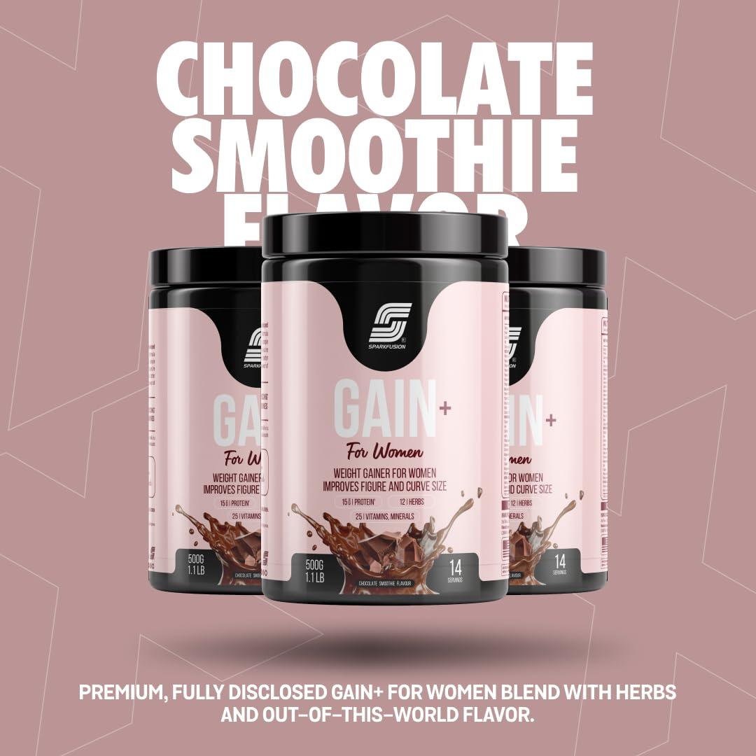 Sparkfusion Sparkfuison Gain+ Women Weight Gainer | With Full Power 12 Herbs,Protein & Vitamins | For Improves Figure And Curve Size | Weight + Mass Gainer For Women Chocolate Smoothie flavour 500 gm