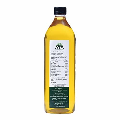 ATS ATS 100% Wood Pressed Black Sesame Oil 1 Litre Pet Bottle, Kacchi Ghani/Mara Chekku, Black Sesame Oil, Kalatil ka tel, Gingelly Oil, Natural, Chemical-Free, Wood Pressed Coconut Oil for Cooking