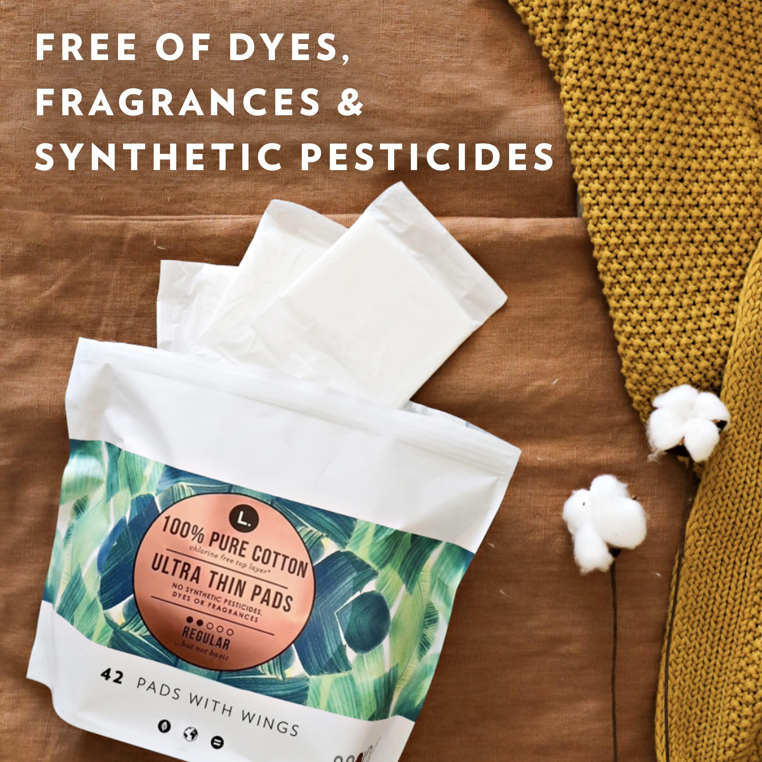 L. L. Ultra Thin Unscented Pads With Wings, Regular Absorbency, 42 Ct, 100% Pure Cotton Chlorine Free Top Layer,Pack of 42