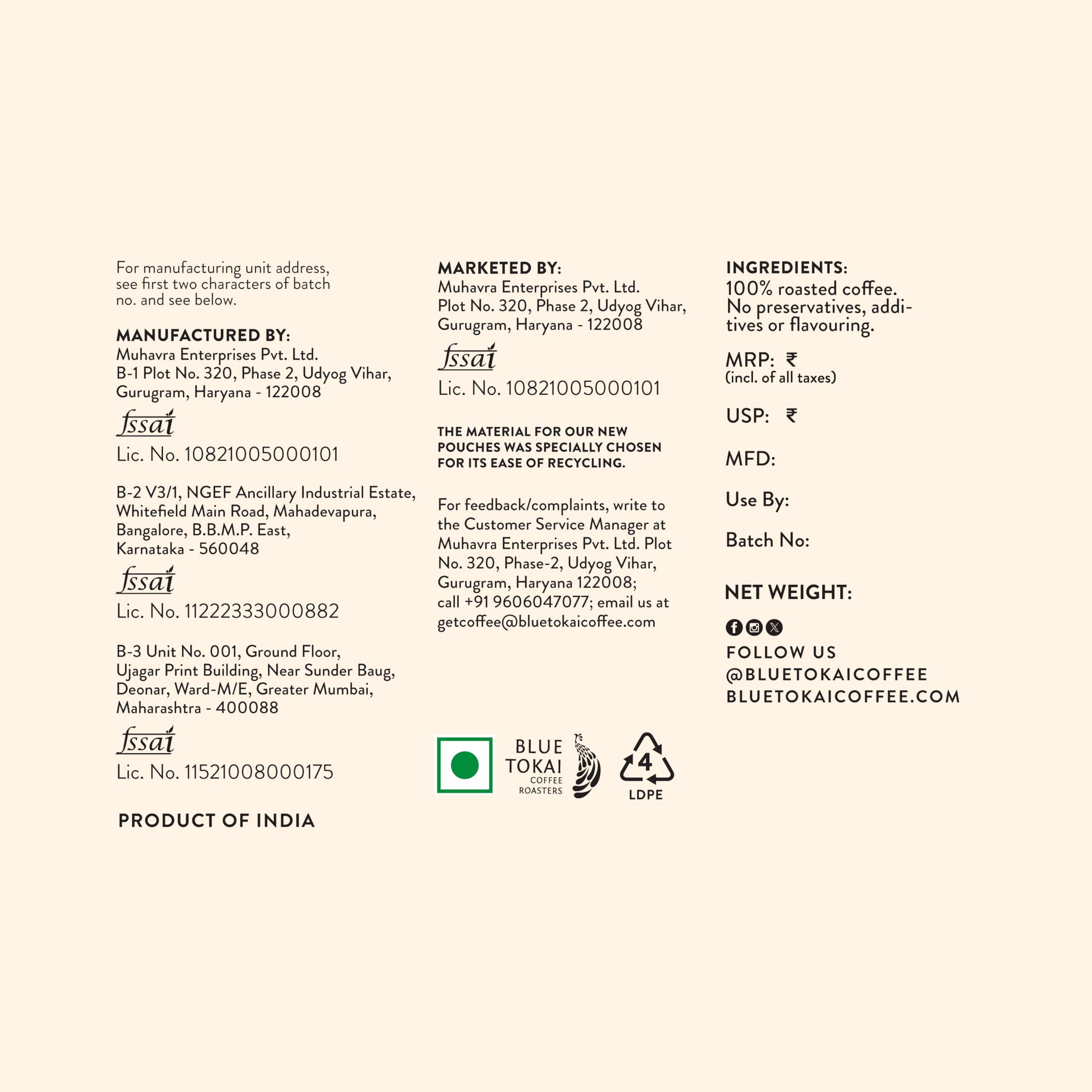 Blue Tokai Coffee Roasters Blue Tokai Coffee Roasters Attikan Estate - Medium Dark Roast (Aeropress Grind) 250g | Made With 100% Specialty Grade Arabica Freshly Roasted Ground Coffee, Bag