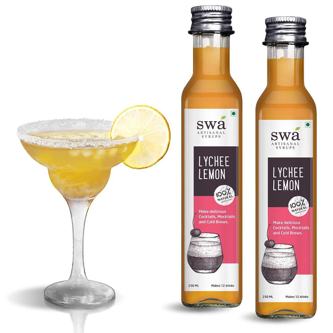 Swa Artisanal Syrups Swa Artisanal Syrups - Lychee Lemon, 100% Natural, Pack of 2 Makes 24-30 Drinks, Syrup for Cocktails / Mocktails / Kid's Lemonades / House Parties (250ml x 2)