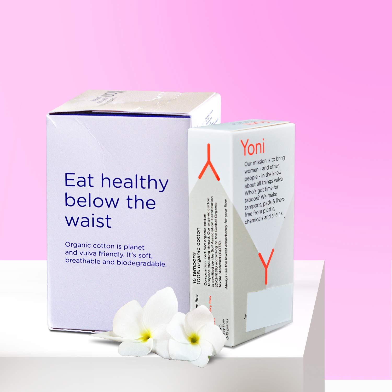 Yoni Yoni Sanitary Pads - Heavy Flow & Tampons - Medium Flow - Organic Cotton, Biodegradable, Eco-friendly, No Plastic, Leak Proof & Optimum Coverage, Designed for Normal-Sensitive Skin, Combo Pack, (10 Sanitary Pads & 10 Tampons)