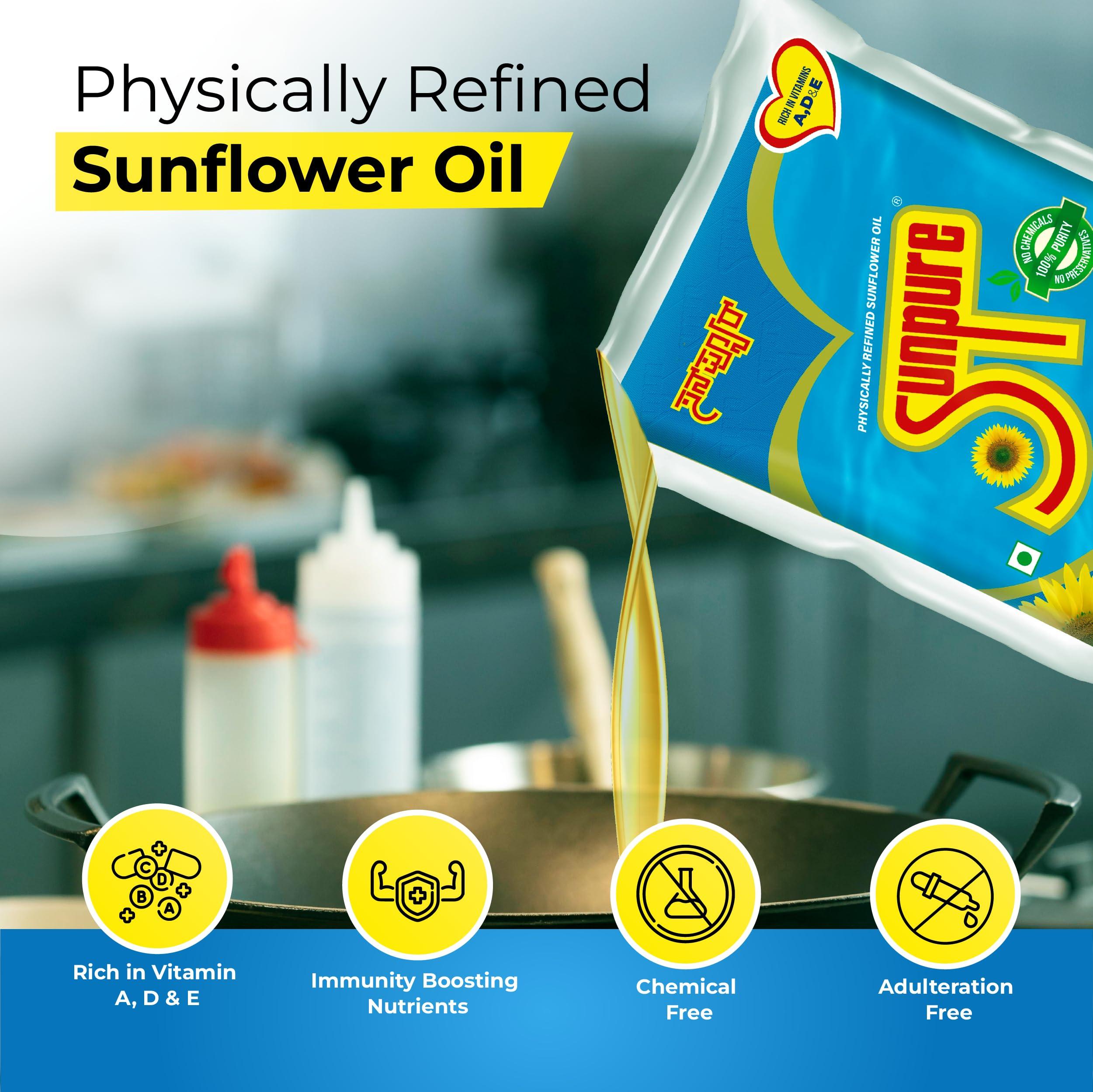 Sunpure Sunpure Physically Refined Sunflower Oil 1L Pouch - Pack of 3 | Rich in Oryzanol | Helps in controlling cholesterol | Chemical Free | Preservatives Free | Cooking Oil | Edible Oil