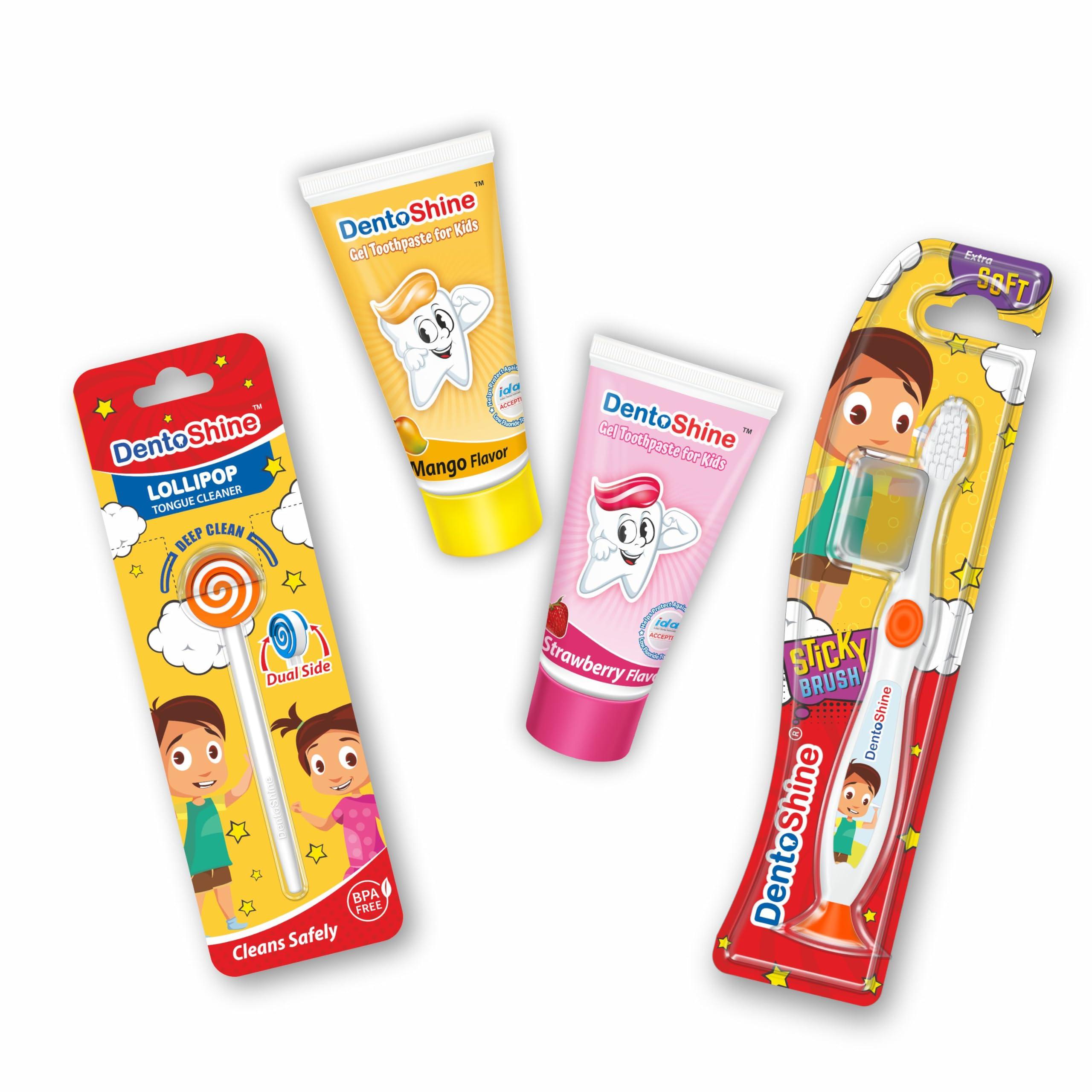 DentoShine DentoShine Oral Care Combo Ages 2+ (Sticky Toothbrush for Kids + Lollipop Tongue Cleaner + Flavored Toothpaste 80 g x 2) (Mango & Strawberry)