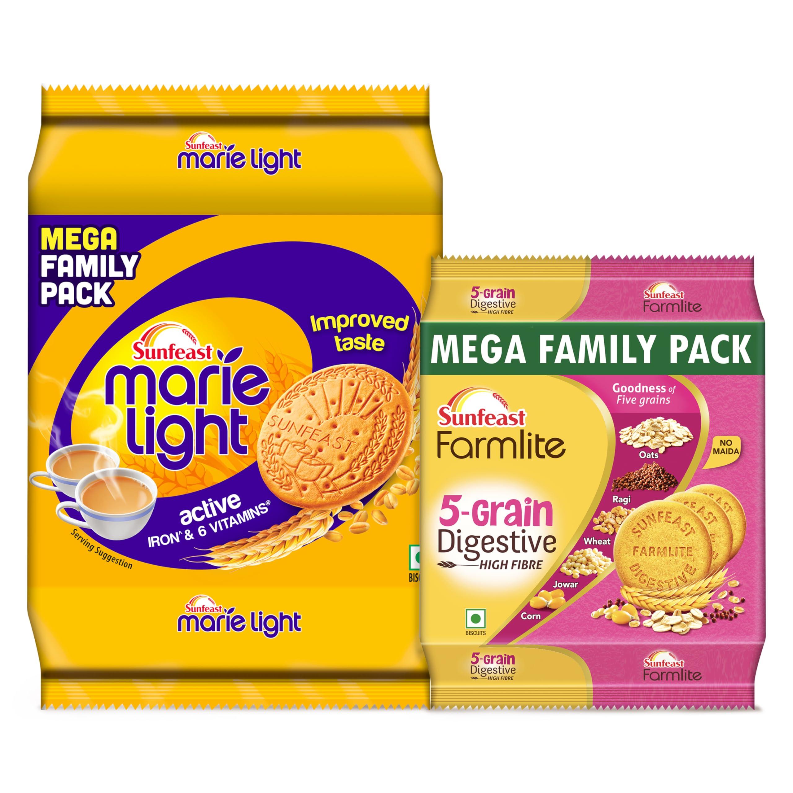 Sunfeast Farmlite Sunfeast Farmlite 5 Grain Digestive Biscuit, High Fibre Biscuit, Goodness of 5 Grains, 800 g Pack & Sunfeast Marie Light Active Bag, 1 kg