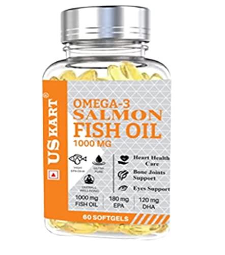 US KART NATURAL HEALTH SUPPLEMENTS US KART Omega 3 Salmon Fish Oil Capsules for Men & Women | 1000mg Omega 3 with 180 mg EPA & 120 mg DHA | No Fishy Burps | Omega 3 Fish Oil Supports Healthy Heart, Brain & Bones | 60 Softgels |
