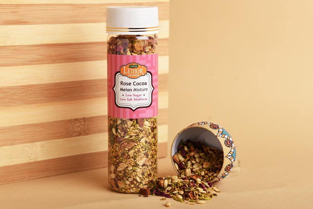 Lemor Lemor Rose Coco Melon Mixture (300 Gms, 2 Jars of 150 Gms Each) | Low Sugar & Low Salt Mukhwas | Healthy After Meal for Eating | Roasted Trail Mix Snacks