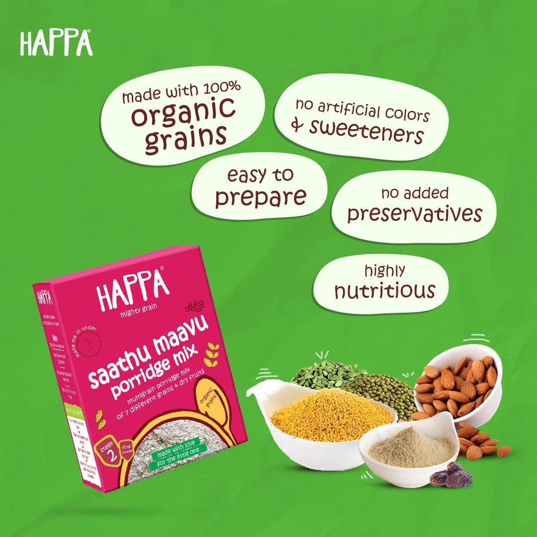 HAPPA Happa Organic Baby Food Sathu Maavu | 100% Natural Multi-Grain Millets and Cereals Porridge Mix Khichdi| Instant Health Food | No Added Salt, Sugar or Milk | No preservatives | 200gm