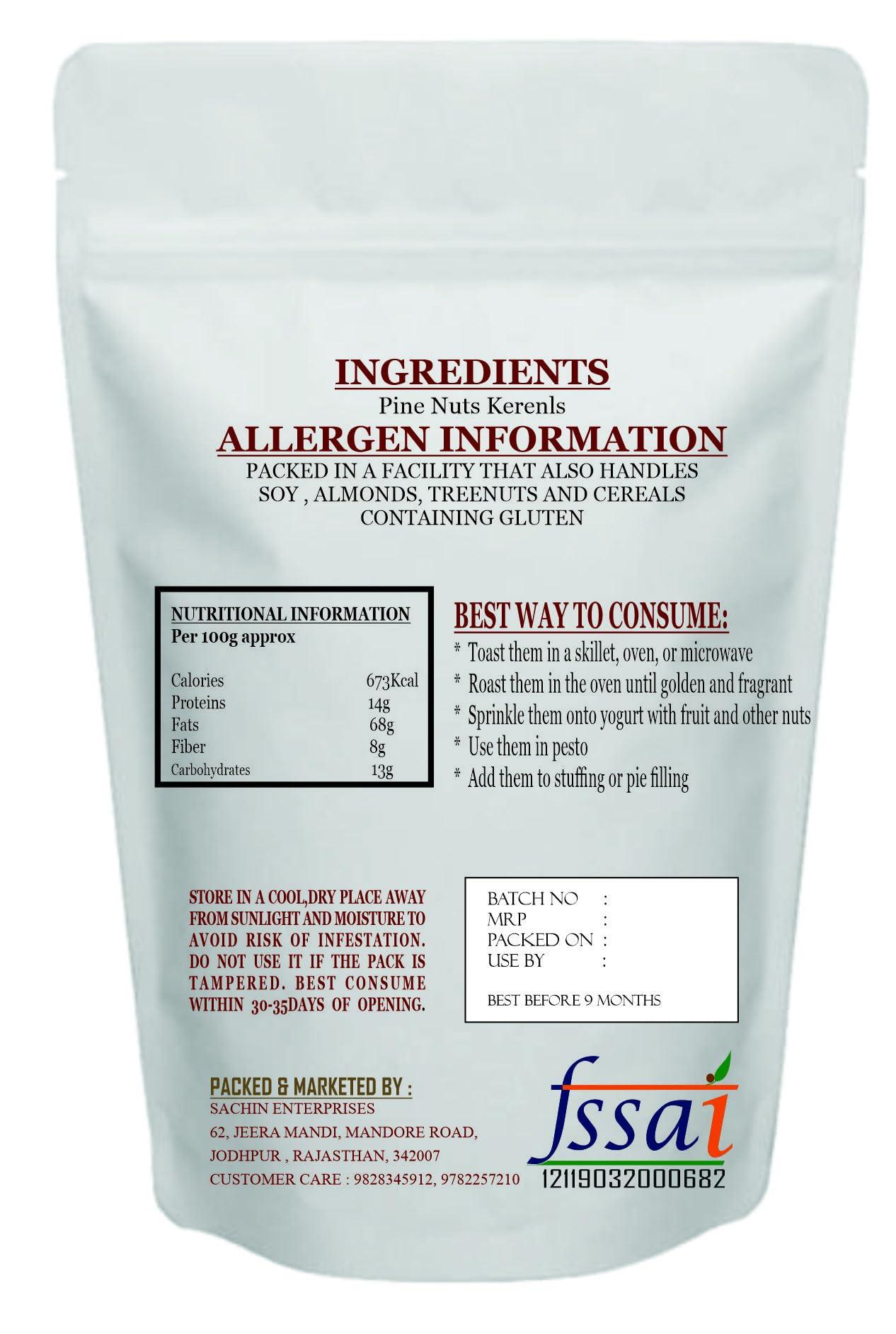 SundarLaxmi SL Pine Nuts Without Shell | Chilgoza Dry Fruit - 50g