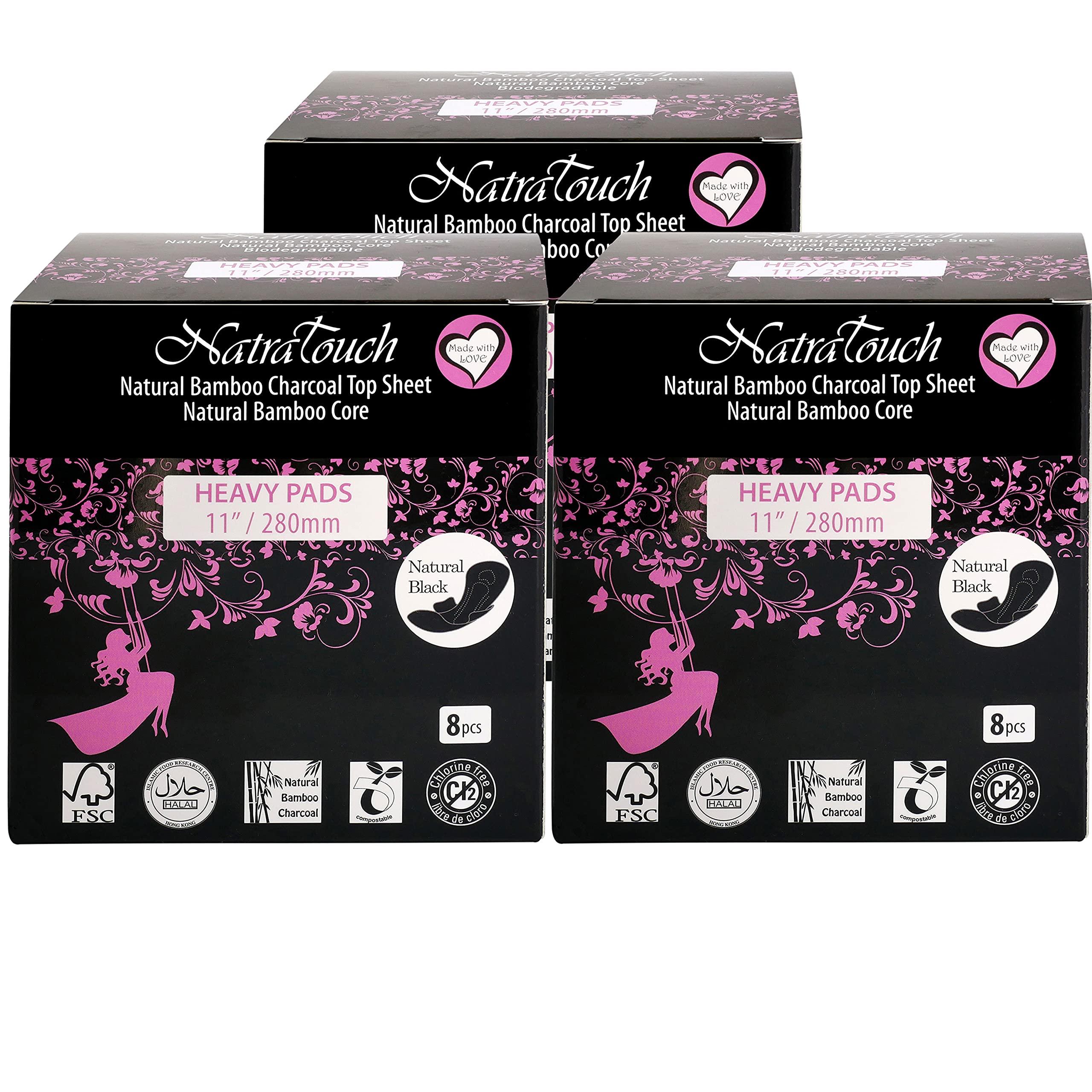 Natratouch NATRATOUCH ~ COMPOSTABLE ~ Natural Bamboo Charcoal Sanitary Pads (Heavy Flow - 3 Pack Total 24 Pads)