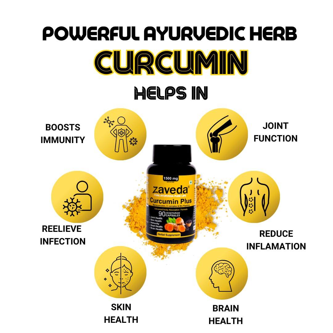 Zaveda ZAVEDA Curcumin Plus 1500mg | Pure Nano Curcumin with Biopiperine and Curcumin complex | 90 Veg.Caps | Joint Support | Immunity | Even Skin tone | Antioxidant & Anti-inflammatory | Fast absorption