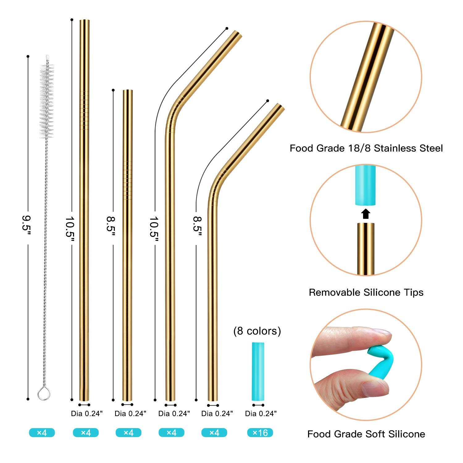 StrawExpert StrawExpert 16 Pack Gold Reusable Metal Straws with Silicone Tip & Travel Case & Cleaning Brush,Long Stainless Steel Straws Drinking Straw for 20 and 30 oz Tumbler