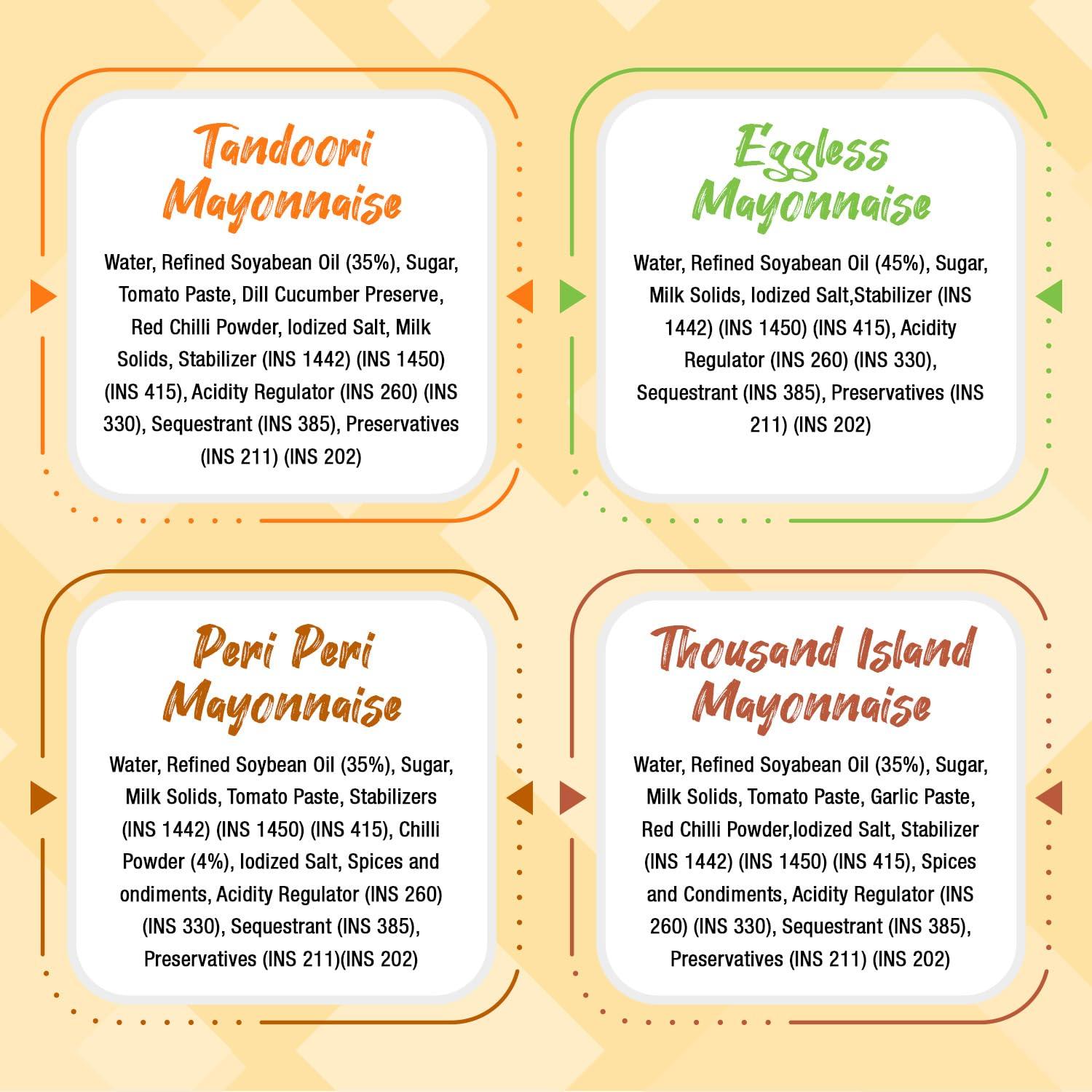 Little More Little More Mayonnaise Combo - Eggless Mayonnaise, Peri Peri Mayonnaise, Thousand Island Mayonnaise and Tandoori Mayonnaise - Pack of 4 (1 KG x 4)