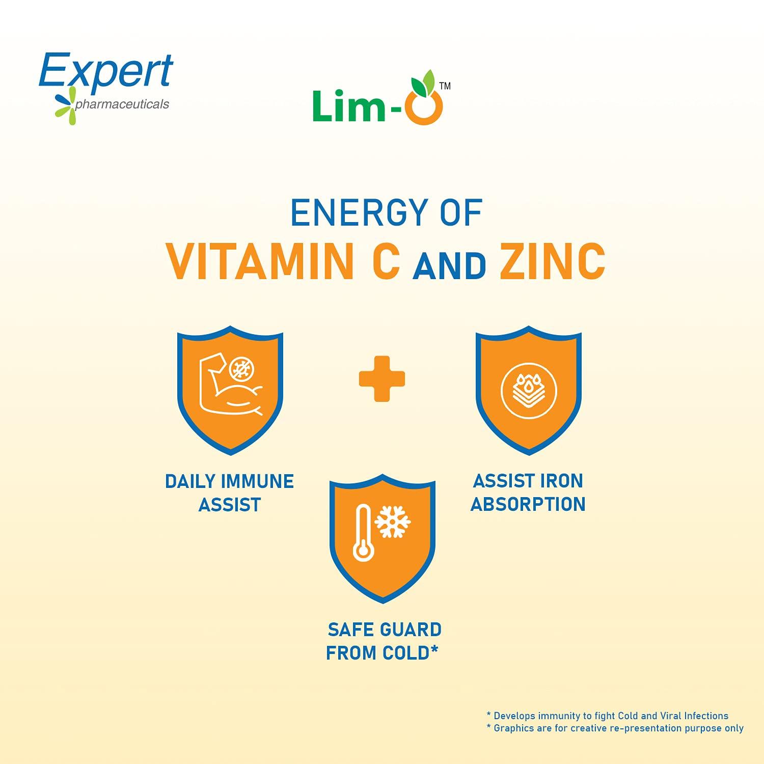 Lim-O Lim-O Vitamin C(500mg) & Zinc, Chewable Tablets for Immunity Skin Vegan Formula For Men Women, Orange Flavour (60 Tablets)