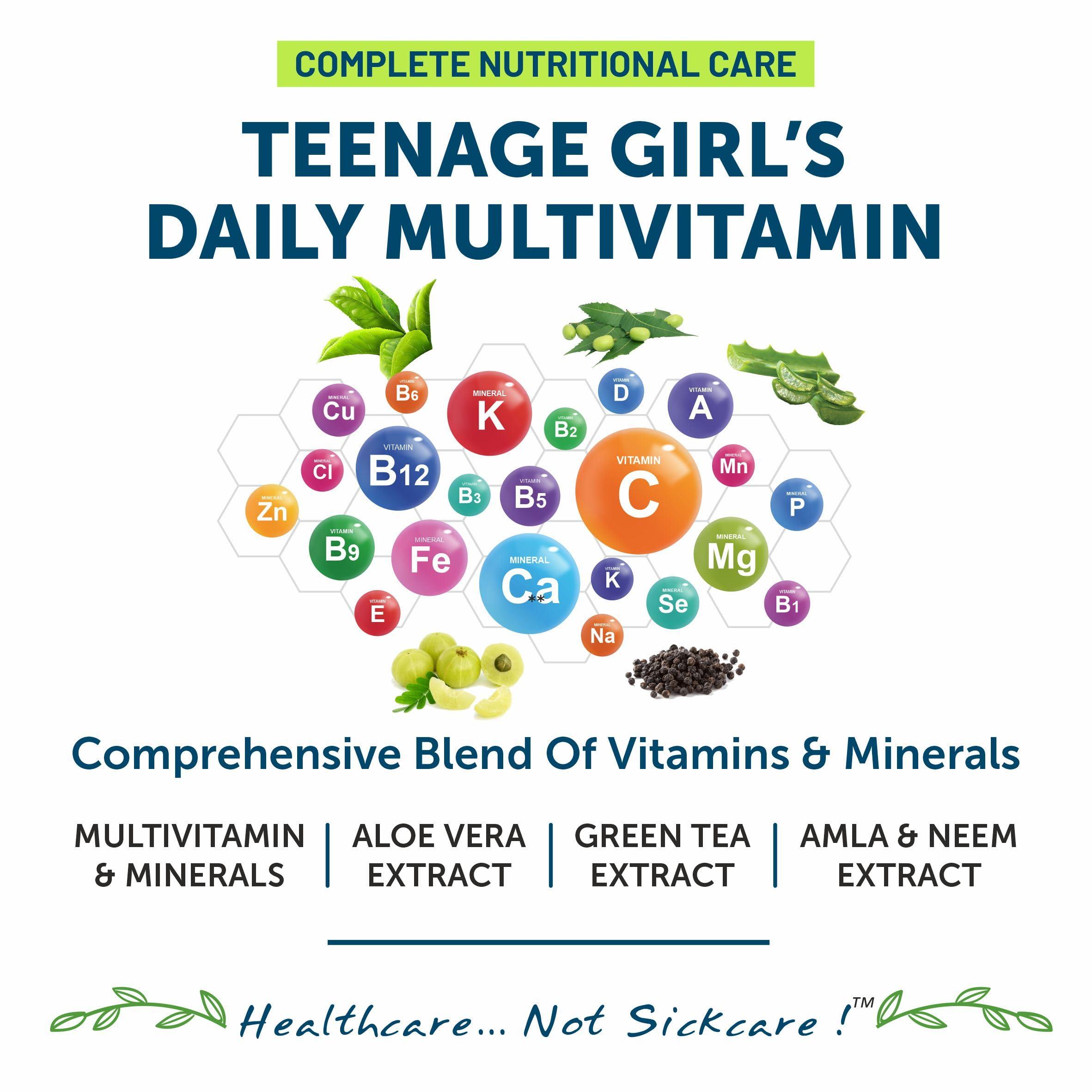 Bliss Welness Bliss Welness Teenage Girl Multivitamin With Vitamin and Minerals, Calcium Magnesium Zinc, Aloe Vera Extract, Bamboo and Grapeseed Extract For Immunity, Hair Skin Nails, Bone & Joint Health, - 60 Tablets
