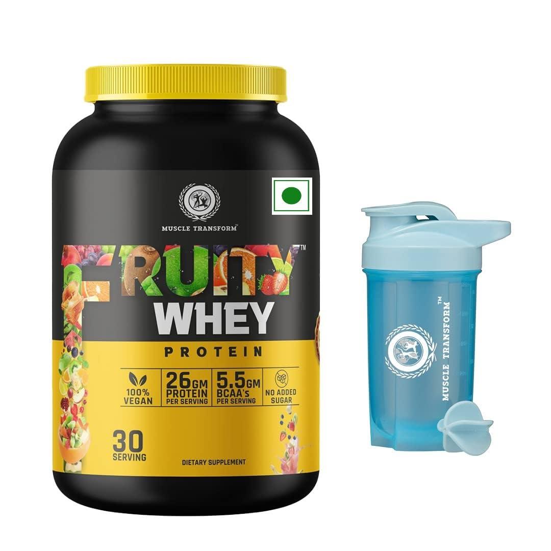 MUSCLE TRANSFORM Muscle Transform Fruity Whey Protein Isolate, 26g Protein, 5.5 BCAAs, 6g Glutamine, 15g EAA | Muscle-Building Whey Protein Supplement Powder, Refreshing Whey for Men Women [Litchi,1kg] Free Gym Shaker Sipper Bottle