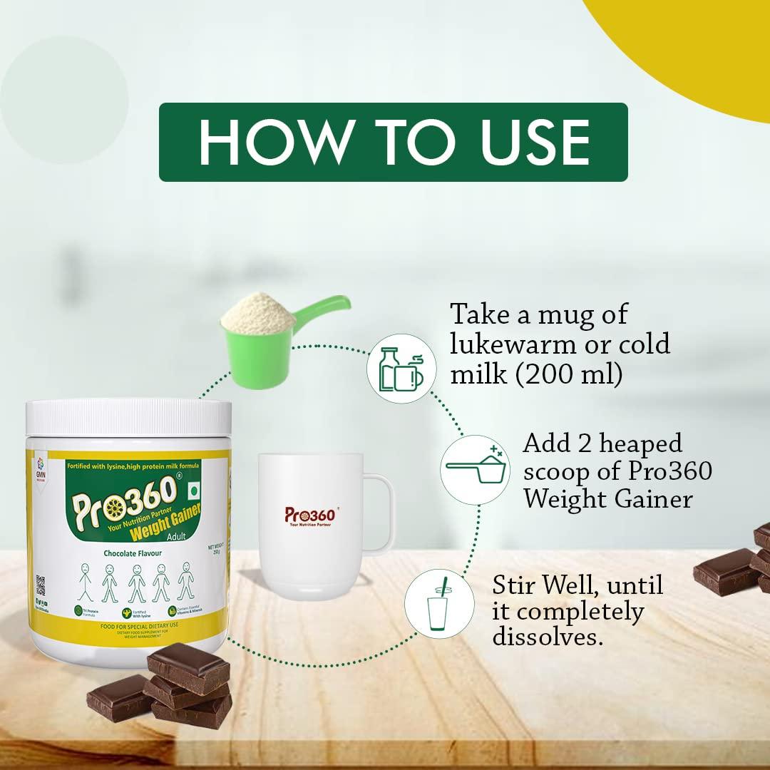 PRO360 Pro360 Weight Gainer High Protein Powder (500 g, Chocolate Flavour )- Calorie Rich Complete Nutritional Supplement - Triple Protein Source with 25 Vital Nutrients for Men & Women -