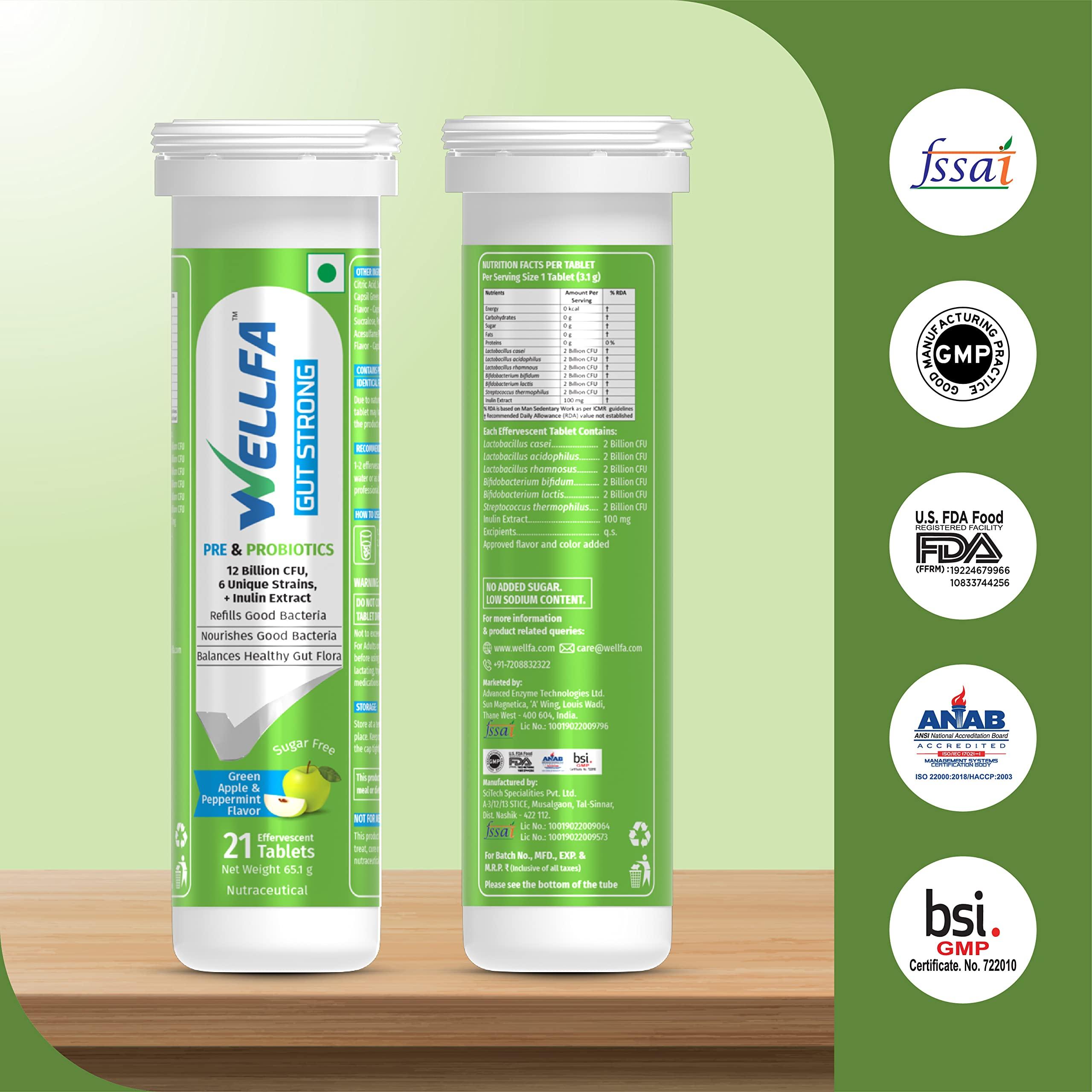 WELLFA Wellfa Gut Strong Tablets| Pre & Probiotic | 12 billion CFU Probiotic | 6 Unique Probiotic Strains | Prebiotic-Inulin Extract | Better Gut Health | Green Apple & Peppermint - 21 Effervescent Tablets