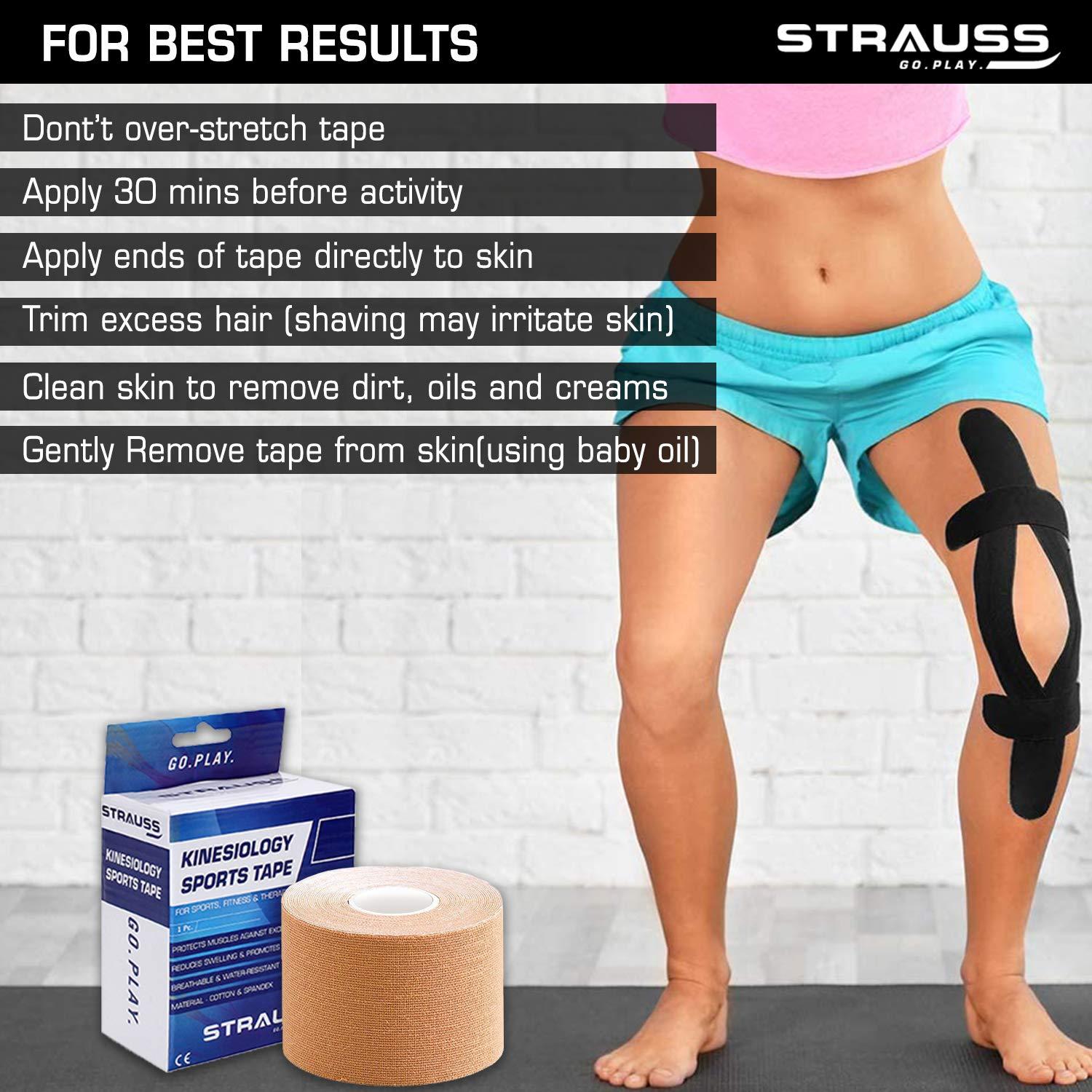 STRAUSS STRAUSS Kinesiology Sports Tape for Knee,Calf & Thigh Support|Waterproof Athletic Sports Tape for Muscle Support,Hand Leg Joint Support & Physiotherapy|Kinesio Tape for Sports Injury,(Beige)