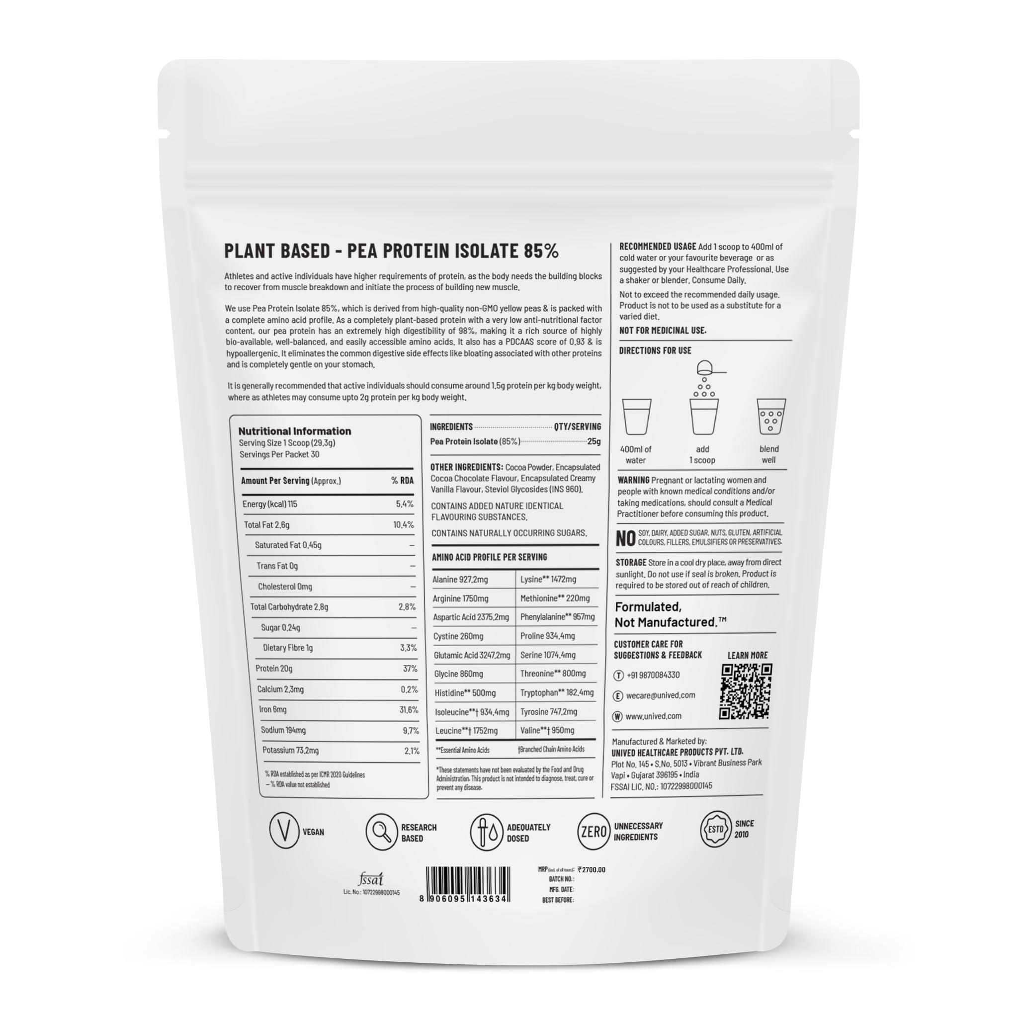 Unived Unived Basics Protein, Pea Protein Isolate, 100% Vegan & Plant-Based, BCAAs, Amino Acid, For Lean Muscle Development, Non-GMO, Gluten & Dairy Free, Natural (Chocolate 30 Servings)