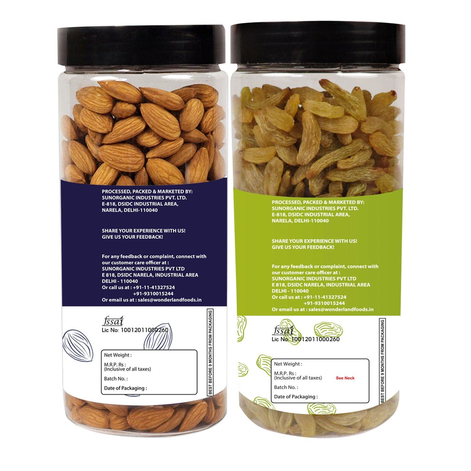 WONDERLAND FOODS (DEVICE) WONDERLAND FOODS (DEVICE) Premium Dry Fruits Combo Pack of California Almonds (NP) + Raisin 1Kg (500gX2) Reusable Jar