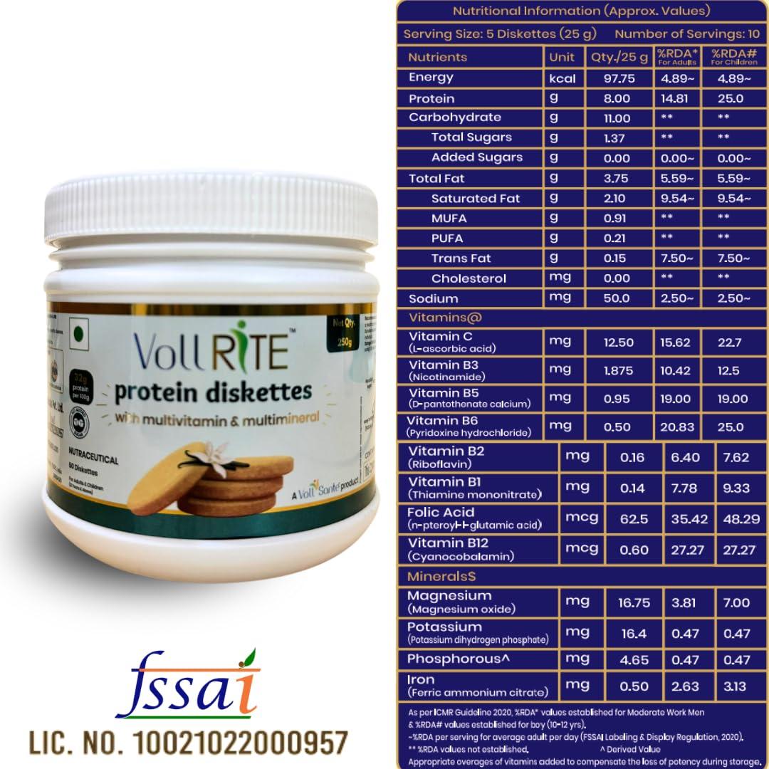 Voll Sant Voll RiTE Protein Diskettes | Protein Biscuit with multivitamin and multimineral| No Sugar| Cholesterol free| High Protein with B Vitamins | Vanilla Flavour, 250g