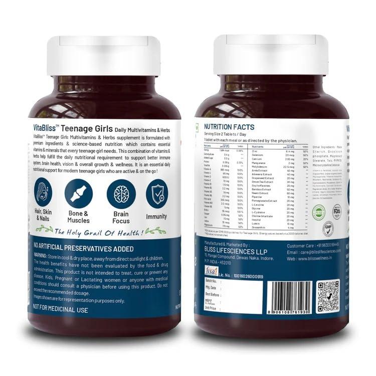 Bliss Welness Bliss Welness Teenage Girl Multivitamin With Vitamin and Minerals, Calcium Magnesium Zinc, Aloe Vera Extract, Bamboo and Grapeseed Extract For Immunity, Hair Skin Nails, Bone & Joint Health, - 60 Tablets
