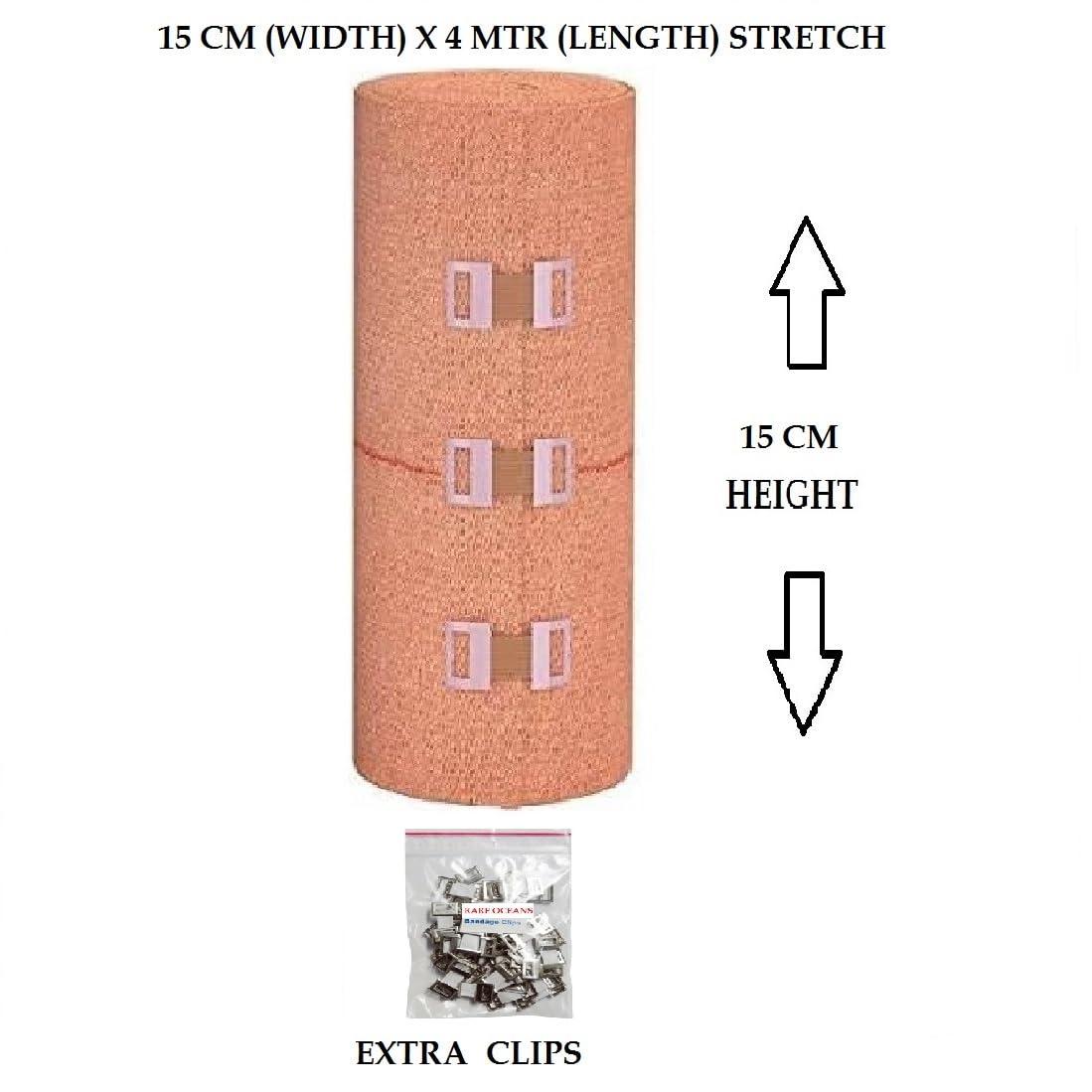 RARE OCEANS RARE OCEANS Crepe Bandage for knee/leg/wrist/ankle/elbow/hand/foot/finger/Sports Elastic Compression 15CM (WIDTH) X 4 METER(STRETCH LENGTH) (PACK OF 1) EXTRA CLIPS