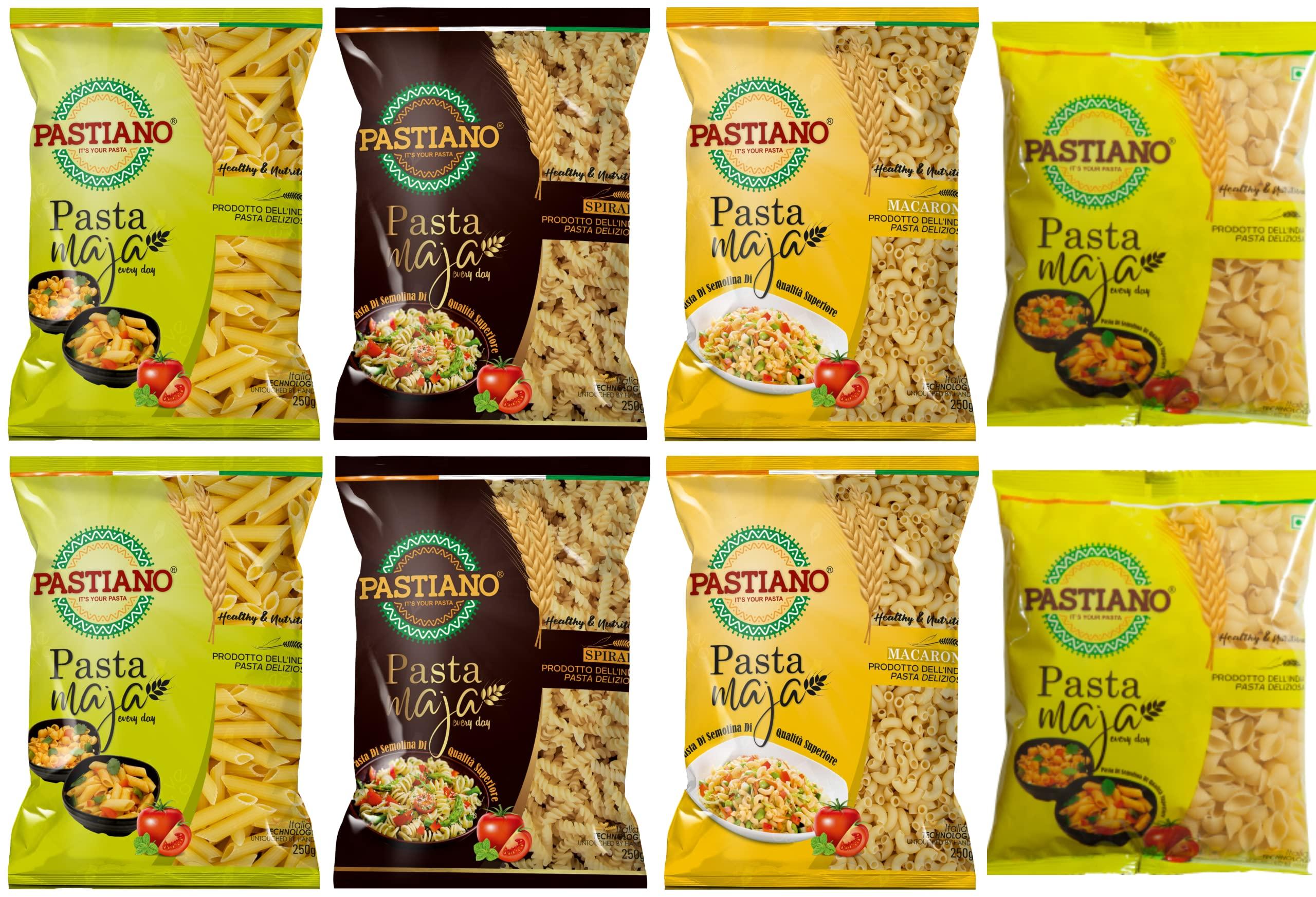 PASTIANO Pastiano Macaroni, Fusilli, Penne And Shells Pasta Maja- 250 Gms Each- (Pack Of 8)