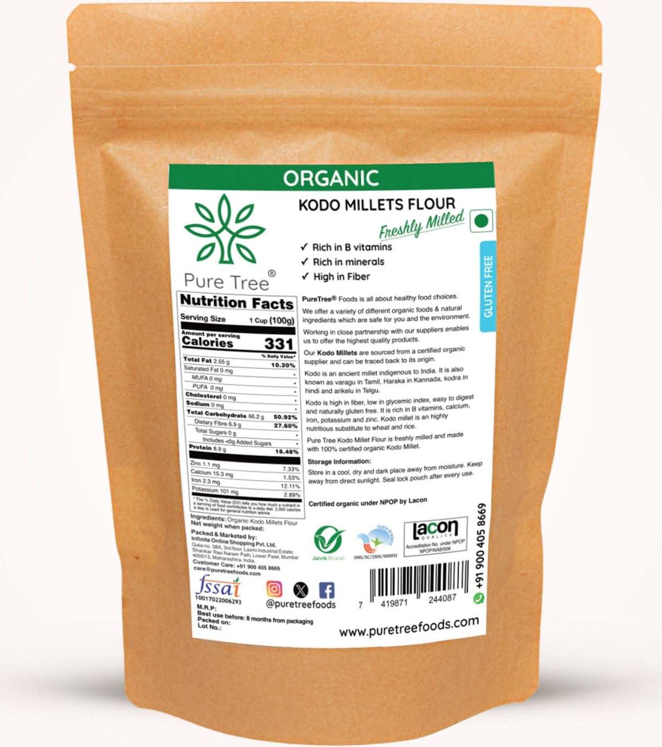 Pure Tree Pure Tree Certified Organic Kodo Millet Flour | 1900 g | Varagu Kodri Atta | Kodo Millet Arikelu Organic Millets | Cow Grass Gluten-Free Atta Kodra Millet | Unpolished Millets Flour Dehusked