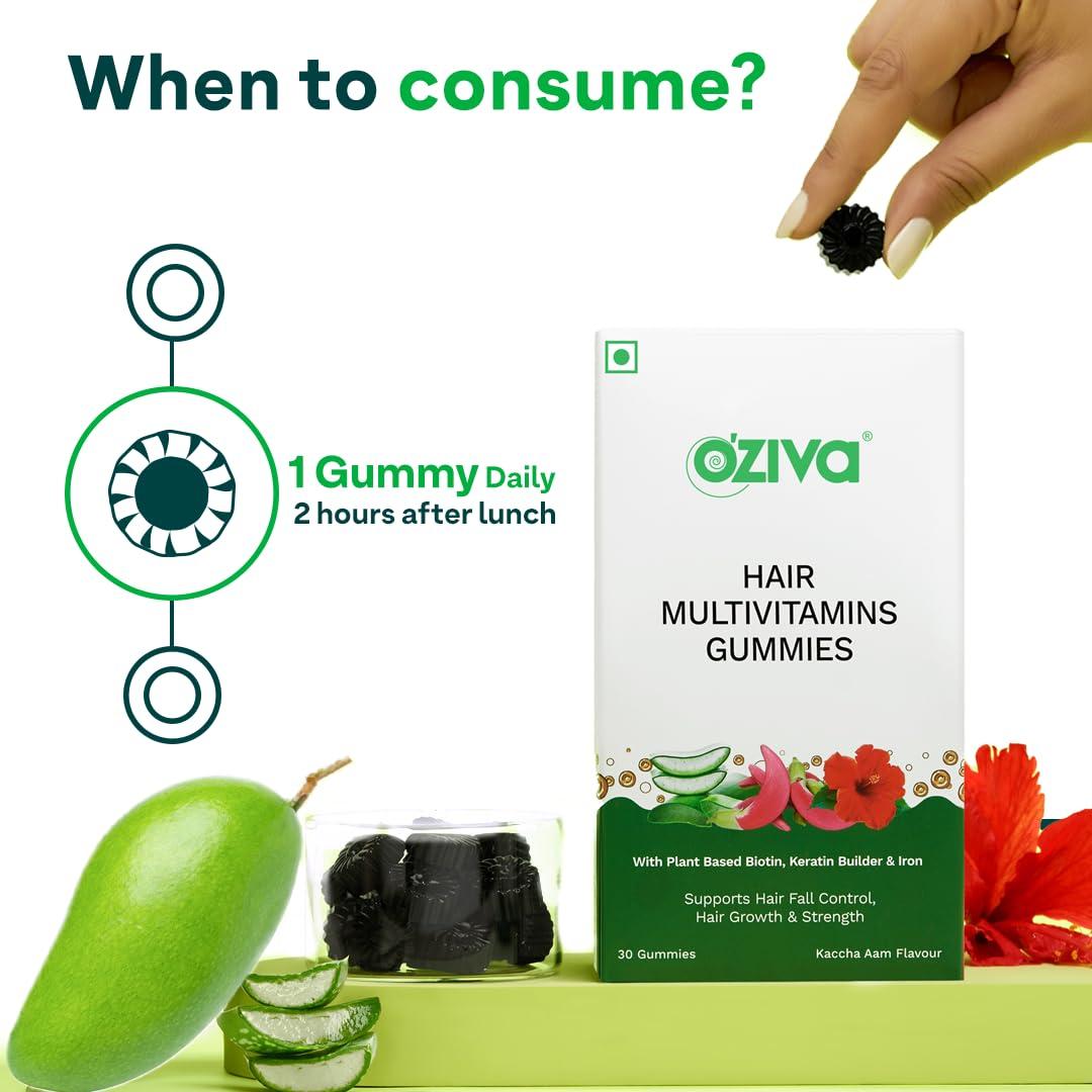 OZiva OZiva Biotin Hair Multivitamins Gummies For Stronger,Fuller,Shinier Hair|Hair Gummies With Keratin Builder,Iron&Vitamins B9,B6&D|Raw Mango Flavour|No Added Sugar (Pack Of 1,30 Gummies)
