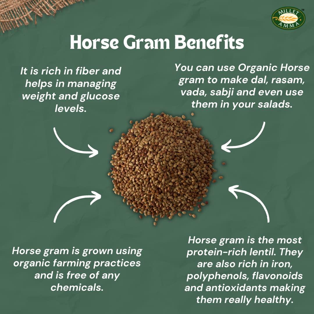 MILLET AMMA Millet Amma Organic Horse Gram - 1 Kg | 2 Pack of 500 Gms | Rich in Protein , Fiber , Iron, Polyphenols, Flavonoids and Antioxidants | Helps in Managing Weight & Glucose Levels | Suitable for Making Multiple Recipes ( Dal, Rasam, Vada )