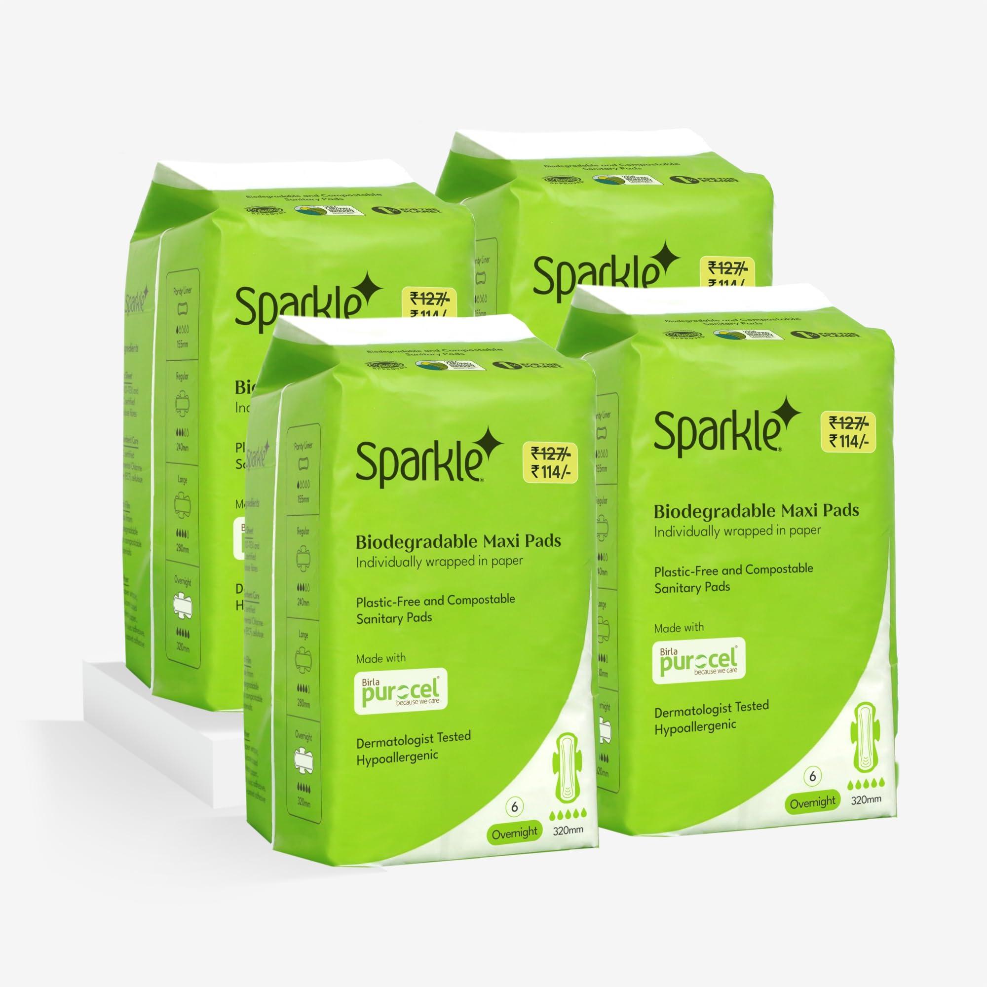 Sparkle Sparkle Biodegradable Sanitary Pads for Women - 24 Pads (Pack of 4), Size - Overnight || Plastic-Free || Unscented || Zero Toxins || Rash-Free || Super Soft Comfortable Top Layer