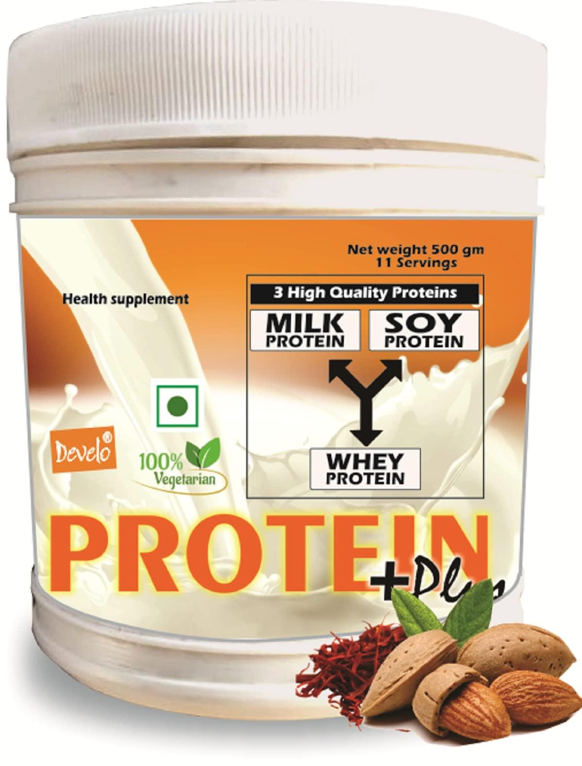 DEVELO Develo Protein Powder for Men & Women, Whey, Milk & Soy (Triple Protein)  500 g Kesar Badam