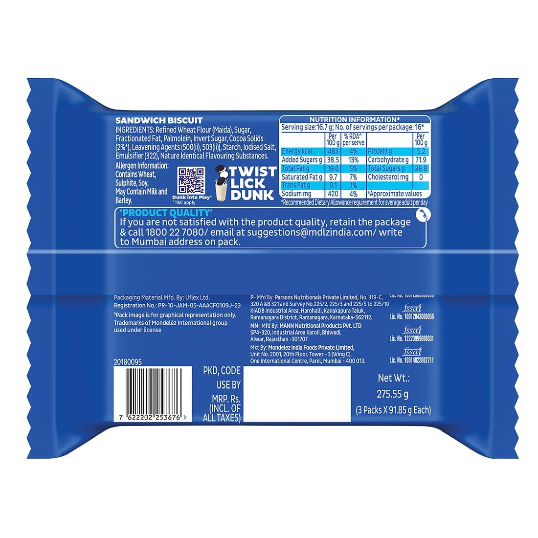 Oreo Oreo Cadbury Vanilla Flavour Crme Sandwich Biscuit, Pack Of 4 X 288.75 Gram Family Pack