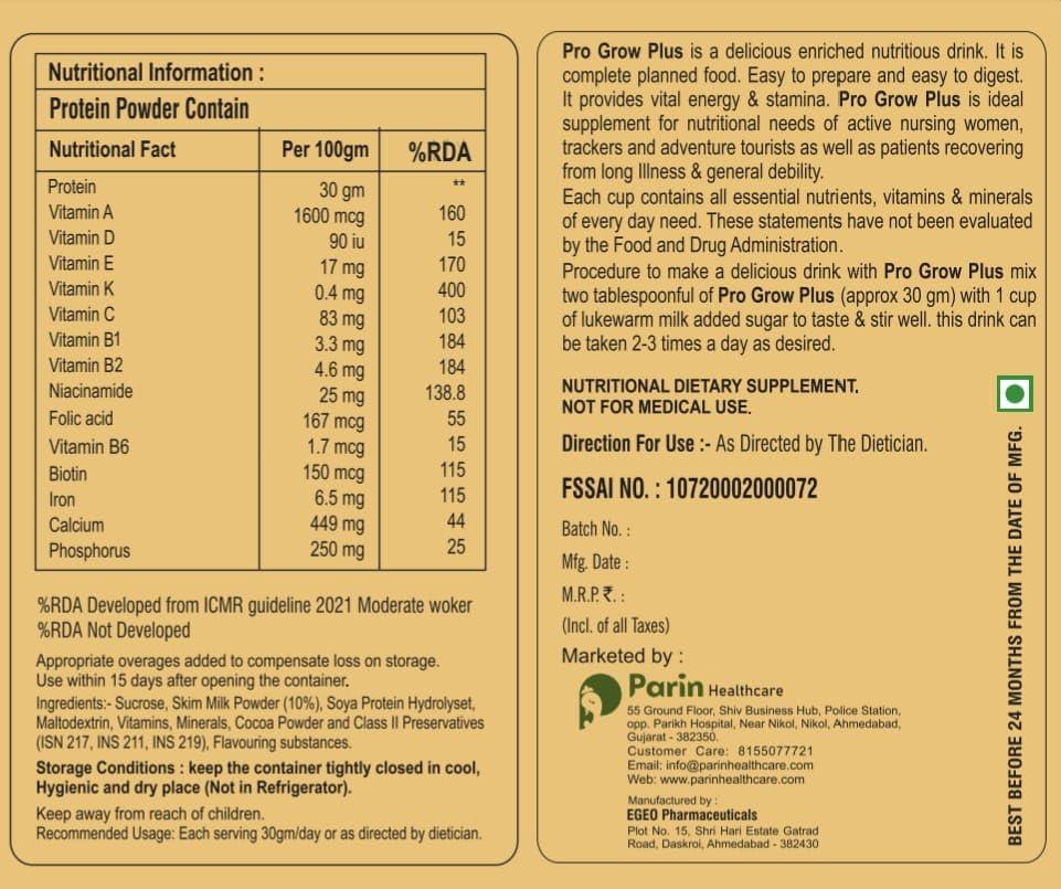 PARIN HEALTH CARE Parin \'s Prow Grow Plus Protin Powder | Venilla Flavor And Naturally Flavored (800 Gm)