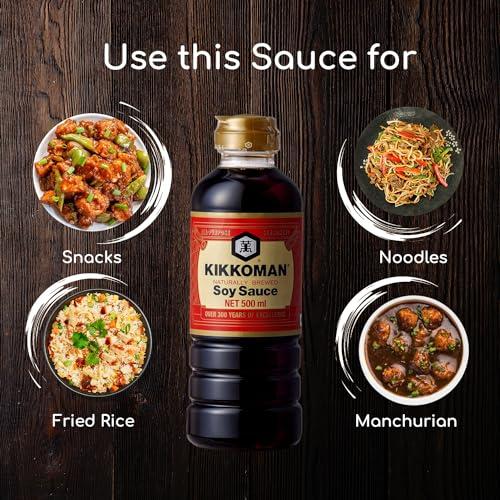 Kikkoman Kikkoman Naturally Brewed Soy Sauce - 500ml | Made in Japan, All Purpose Seasoning - 4 ingredients- Soy Beans, Salt, Water, Wheat | Vegetarian, No Added Colour or Preservatives