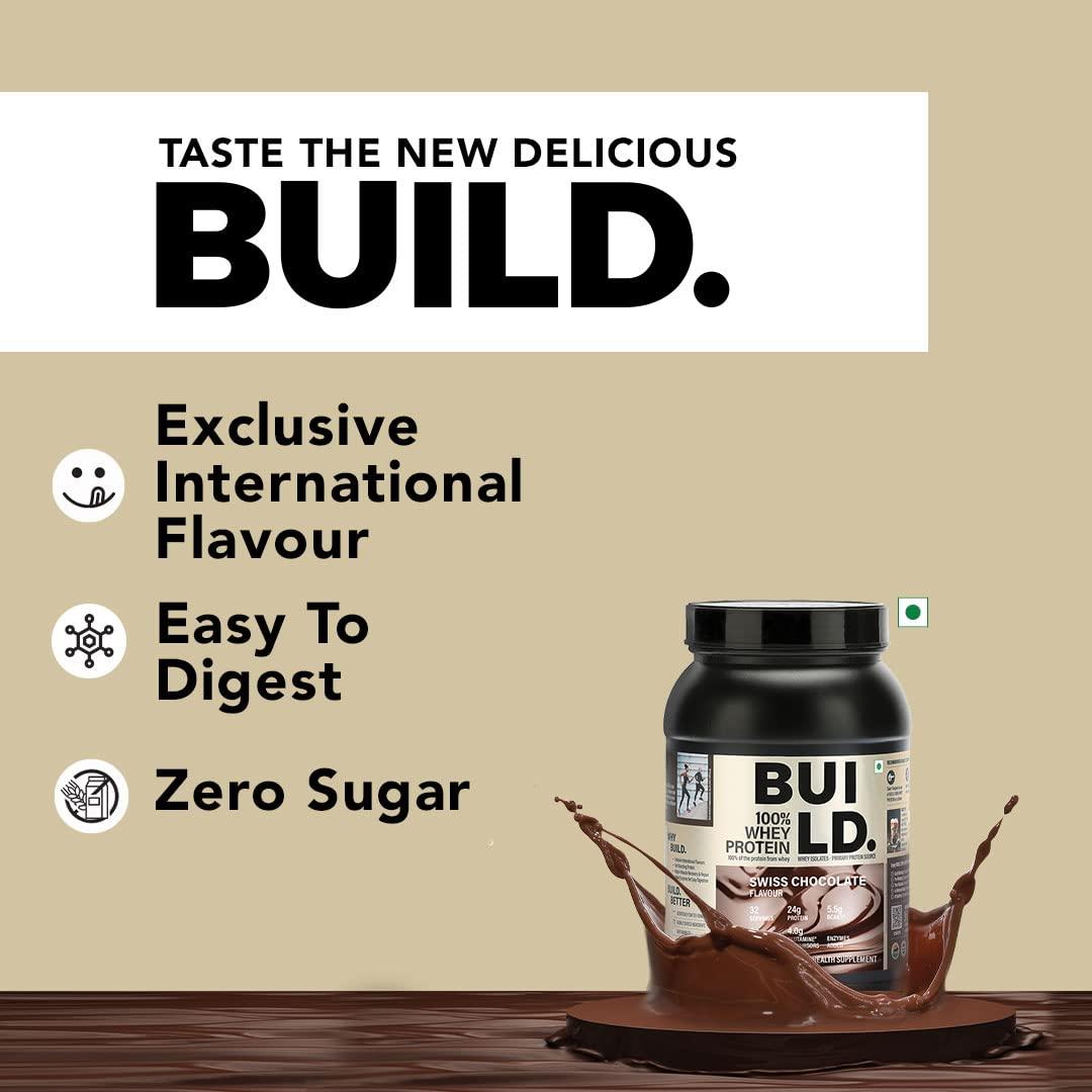BUILD BUILD. 100% Whey Swiss Chocolate Flavor-1 kg | 24 gms Whey Protein Concentrate | Primary Source Whey Isolate| 5.5 gms of BCAA| Enzymes Added for Better Digestion| No Sugar| Muscle Building & Recovery