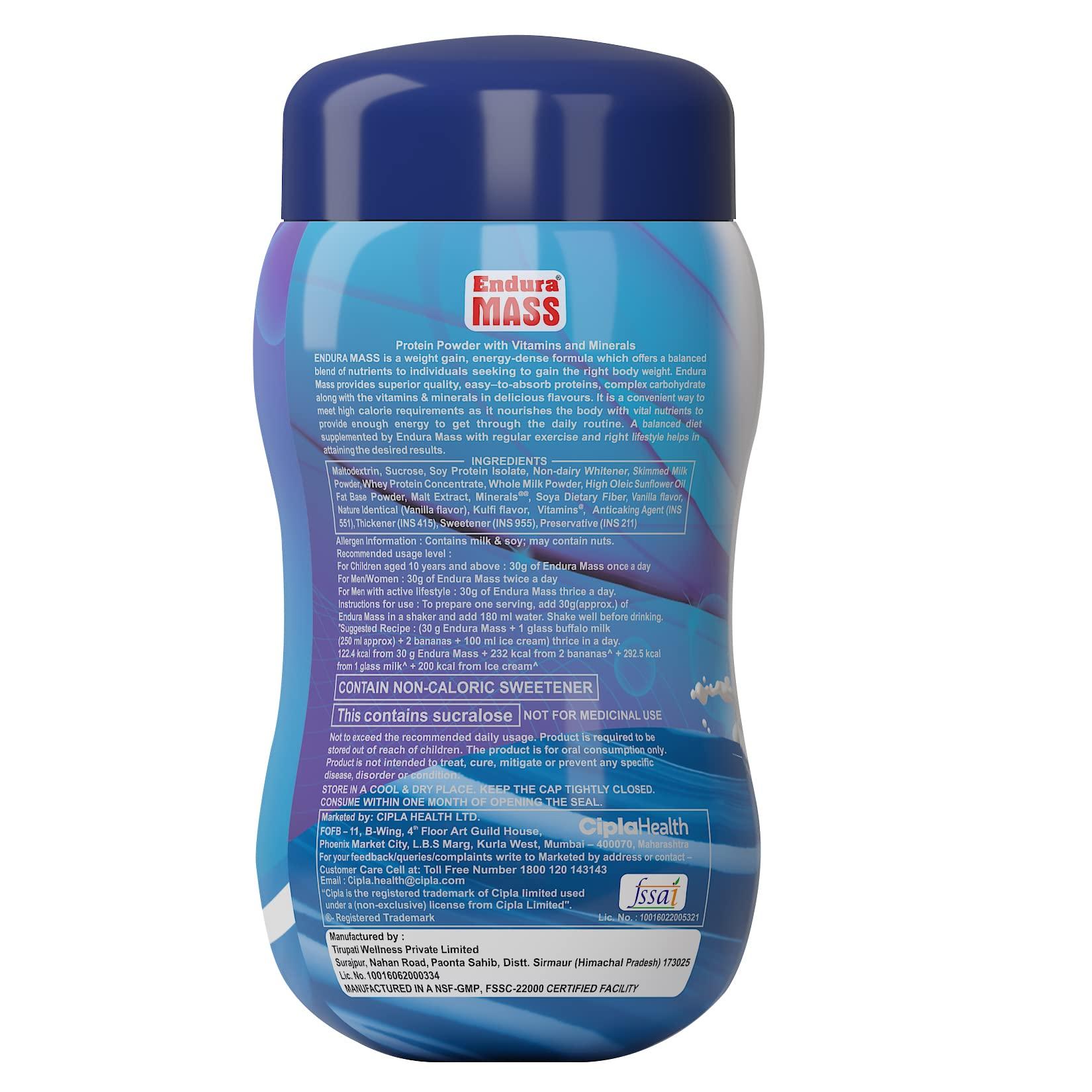 Endura Endura Mass Weight Gainer 500 G Vanilla Flavour | Ideal For Children Above 10 Years, Men, Women & Athletes. (Vanilla) - Powder