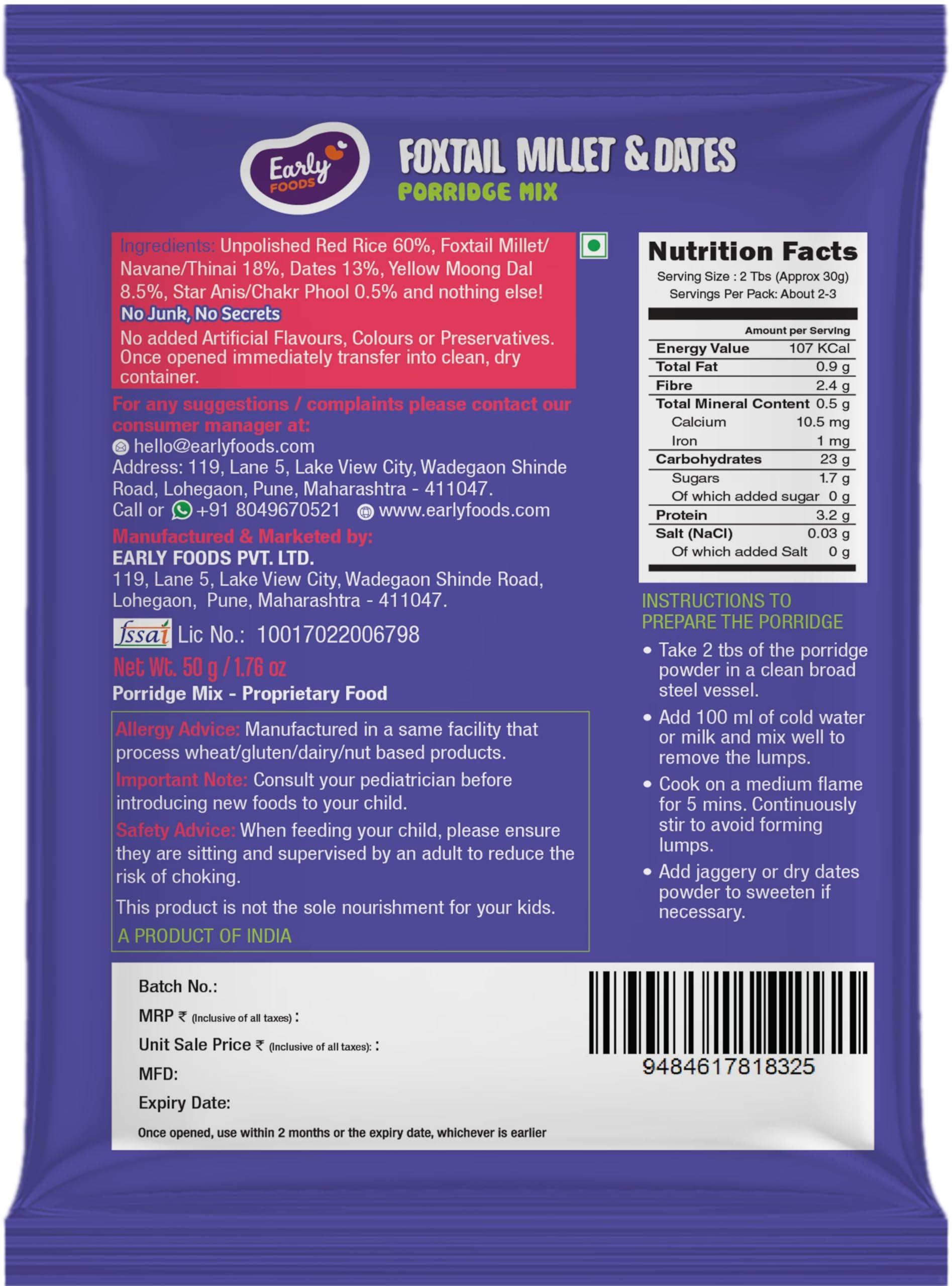 Early Foods Early Foods : 6 Trial Pack Combo - Porridge Mixes - Stage 3, 6 X 50gms| Millet Porridge|Sprouted ragi powder|Cereals For Kids
