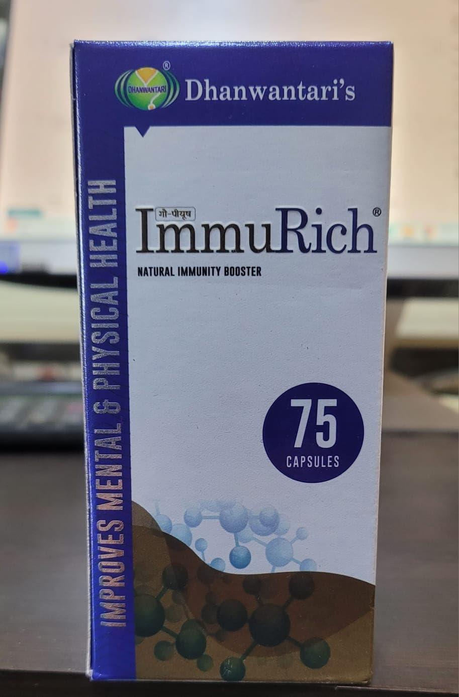 IMMURICH Dhanwantari\'s Immurich Immunity Boosters for Adults - 75 Cap | A2 Cow Colostrum | 52% IgG| Boosts Immunity | Helps Build Strength & Stamina | Builds Overall Health