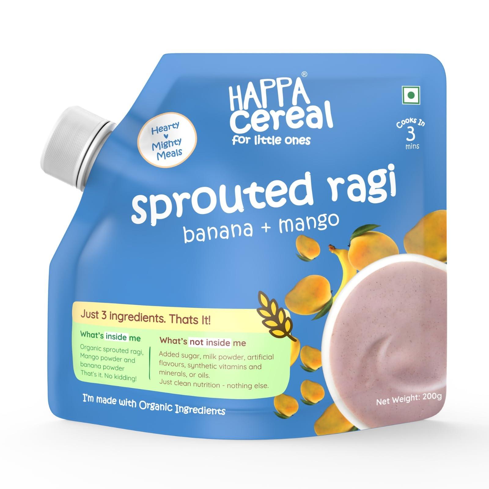 HAPPA Happa Organic Baby Food Sprouted Ragi, Mango and Banana Cereal Mix Porridge | Calcium Booster - Bone Strength | 100% Natural, Organic Khichdi | No Added Salt, Sugar or Milk | No preservatives | 200gm