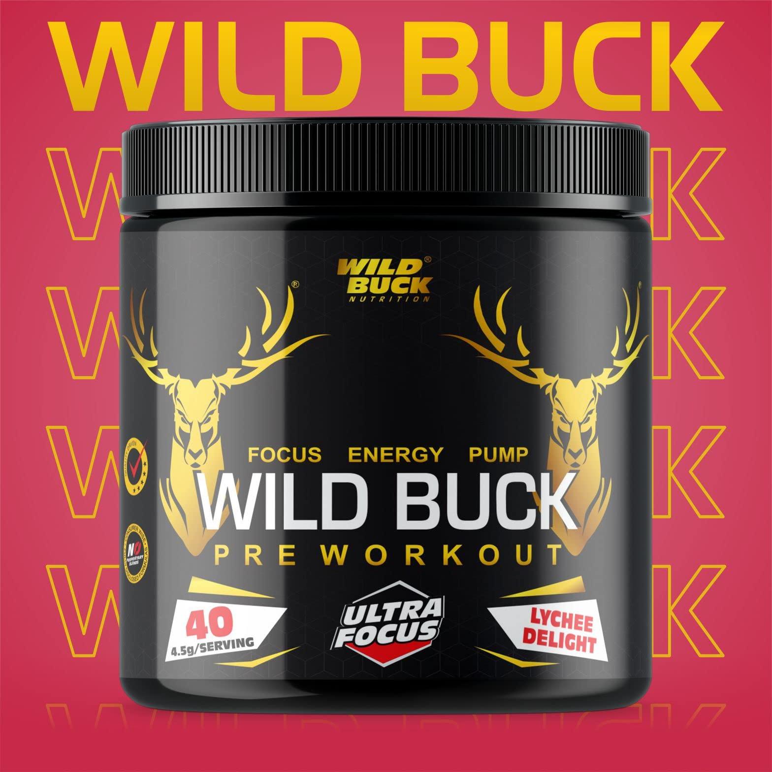 WILD BUCK WILD BUCK Ultra Focus Advanced Pre Workout with L-Arginine, L-Citrulline, Creatine, AAKG, Beta Alanine, Theanine & Natural Caffeine for Explosive Muscle Pump, Lean Muscles Building, Strength, Focus & Energy - For Men & Women [40 Servings, Lychee Deli